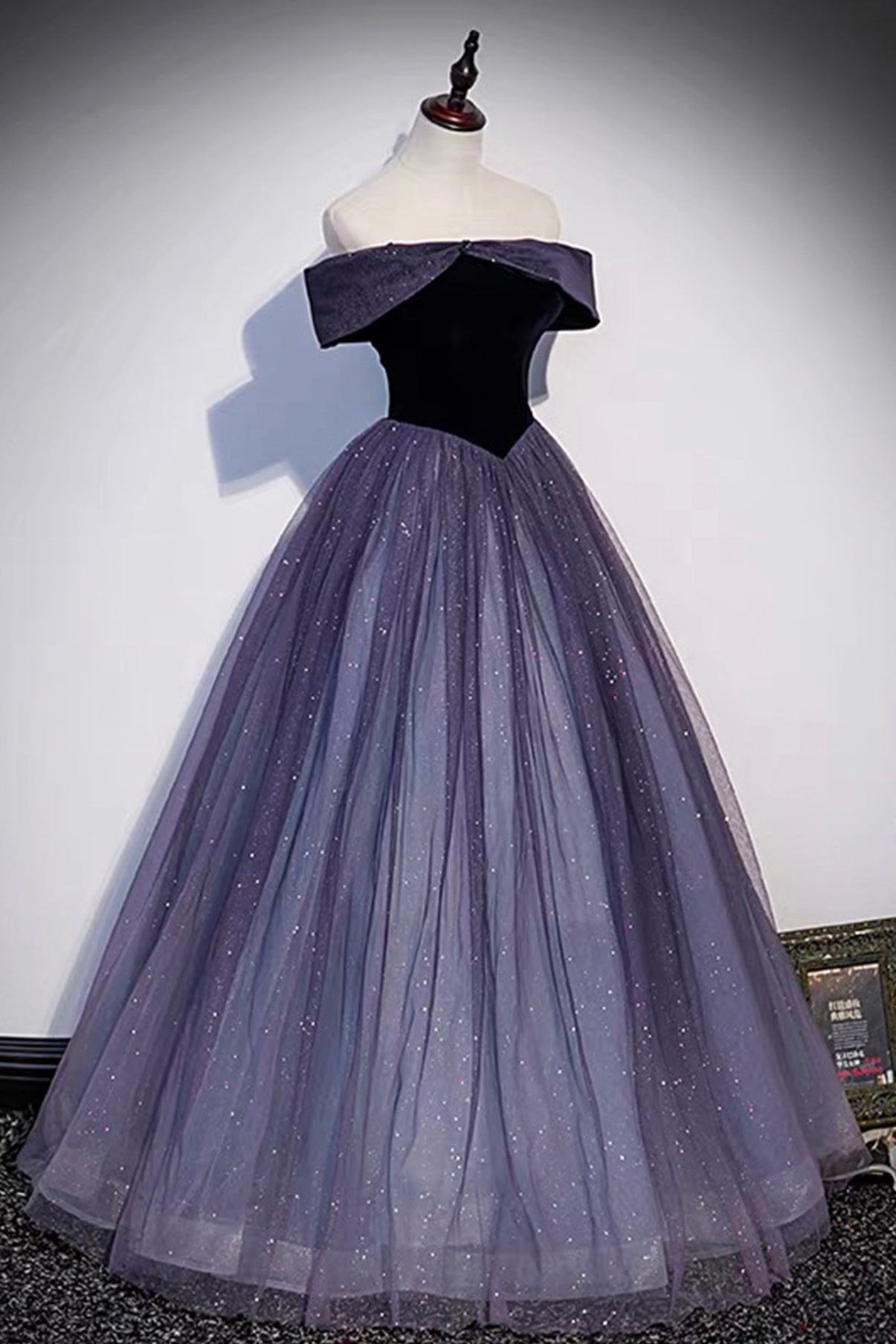 Purple Tulle and Velvet Floor Length Prom Dress
