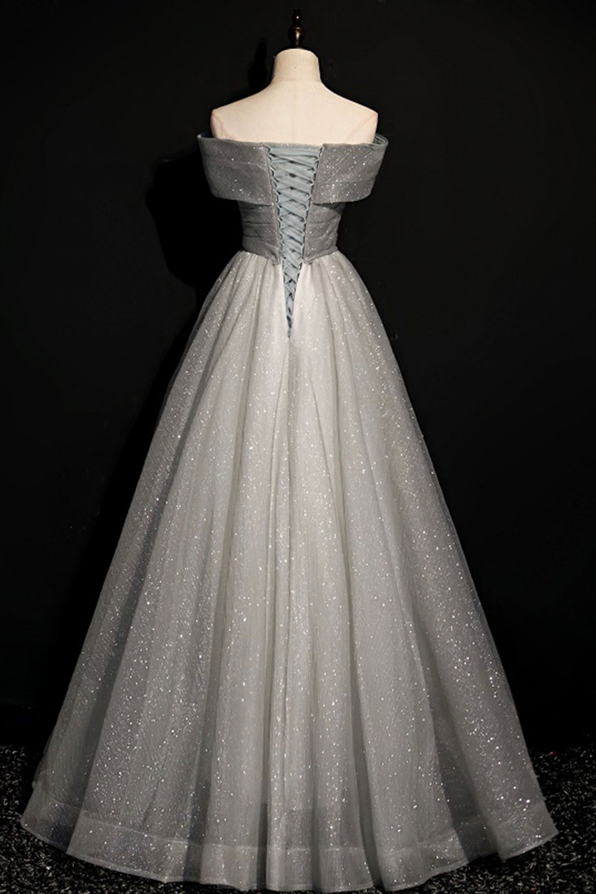 Gray Tulle Off the Shoulder Floor Length Prom Dress
