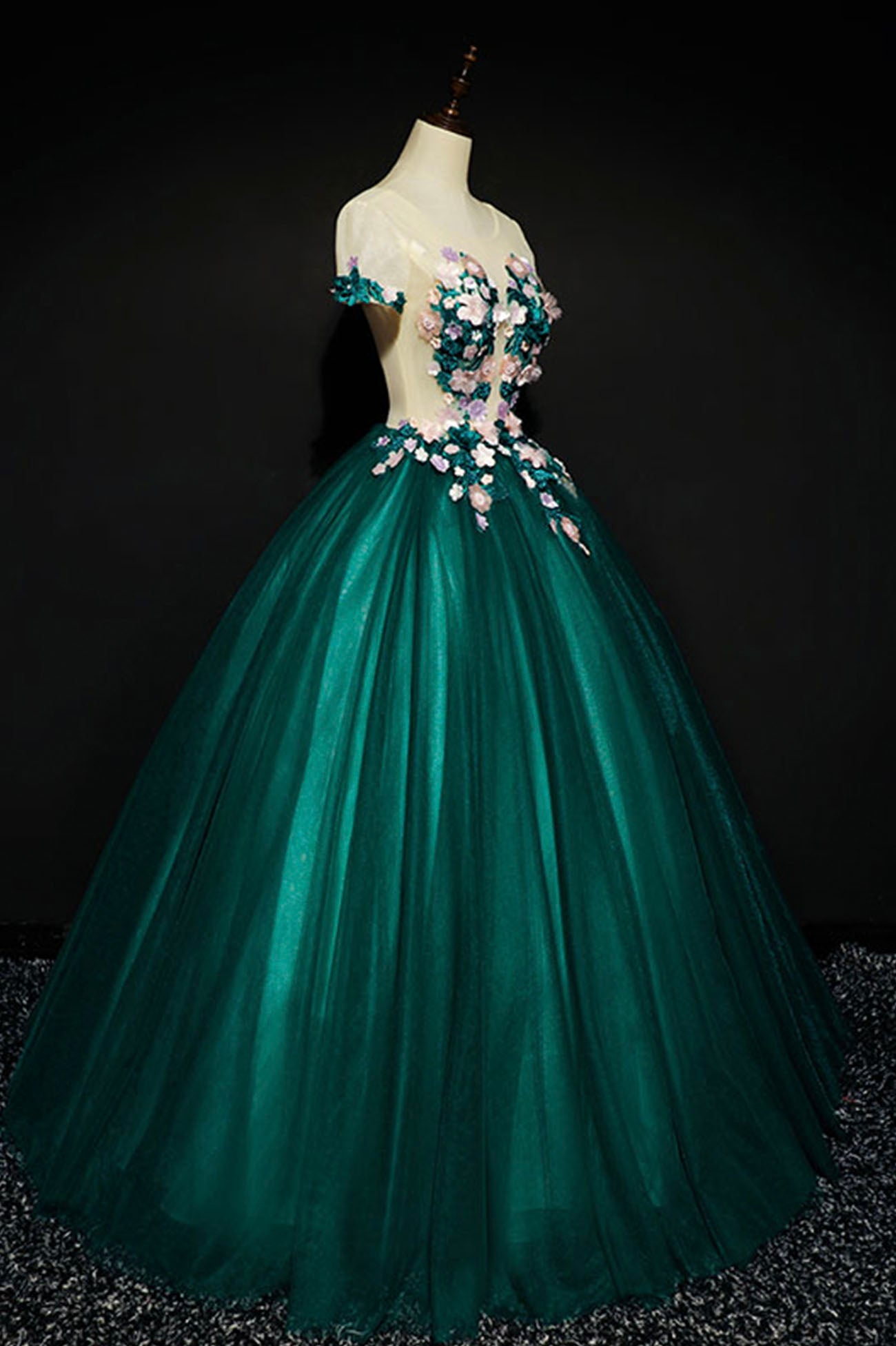 Green Scoop Neckline Tulle Long Prom Dress, Green A-Line Evening Dress with Flowers