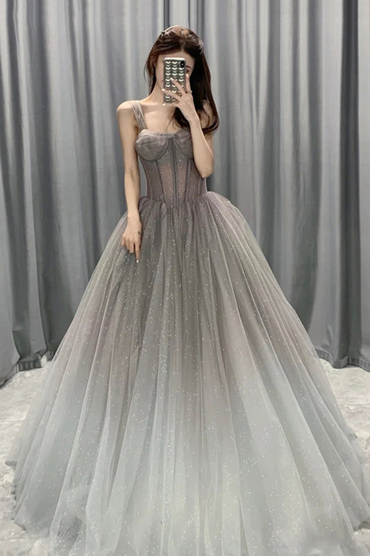 Gray Gradient Tulle Long A-Line Prom Dress