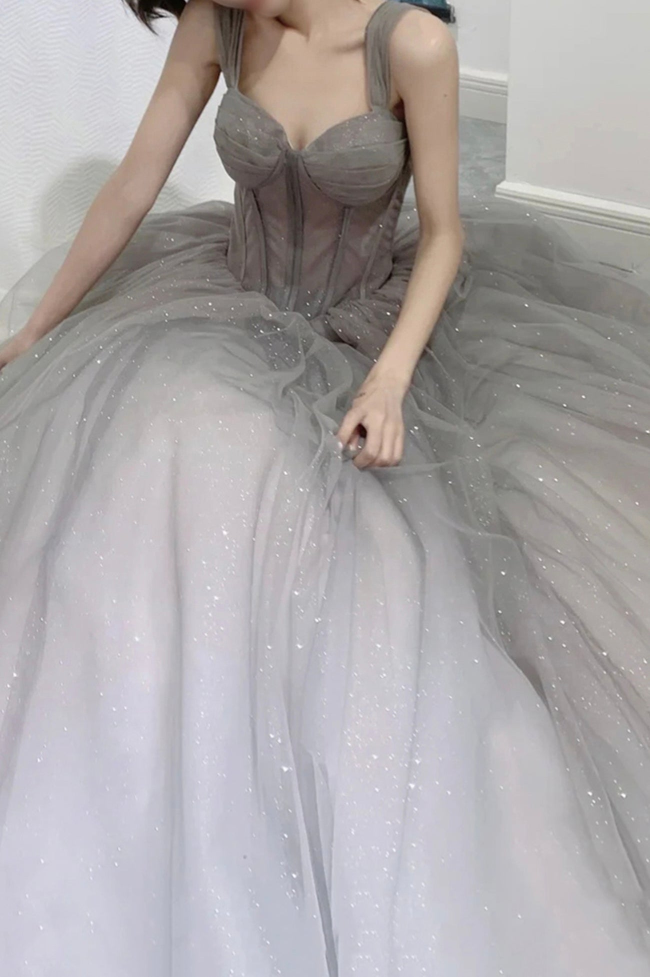 Gray Gradient Tulle Long A-Line Prom Dress