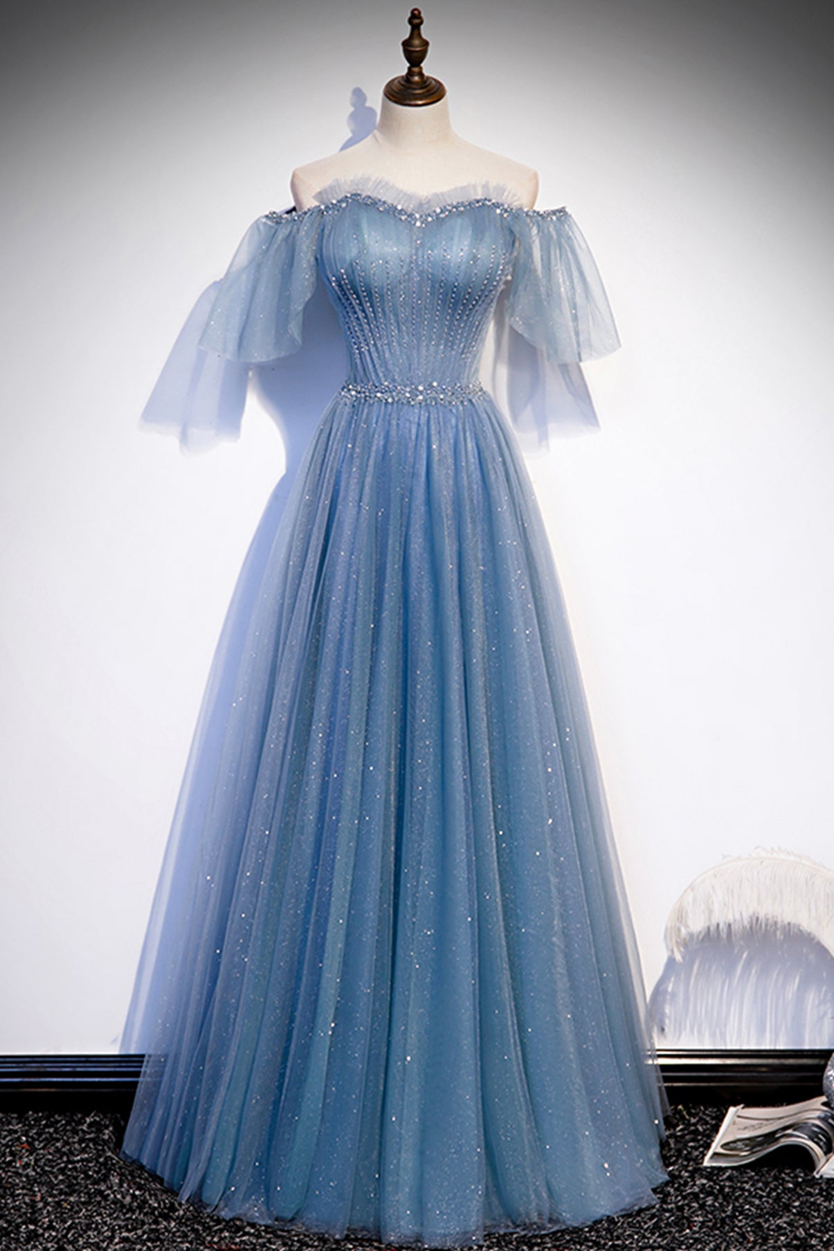 Beautiful Blue Tulle Off the Shoulder Floor Length Prom Dress