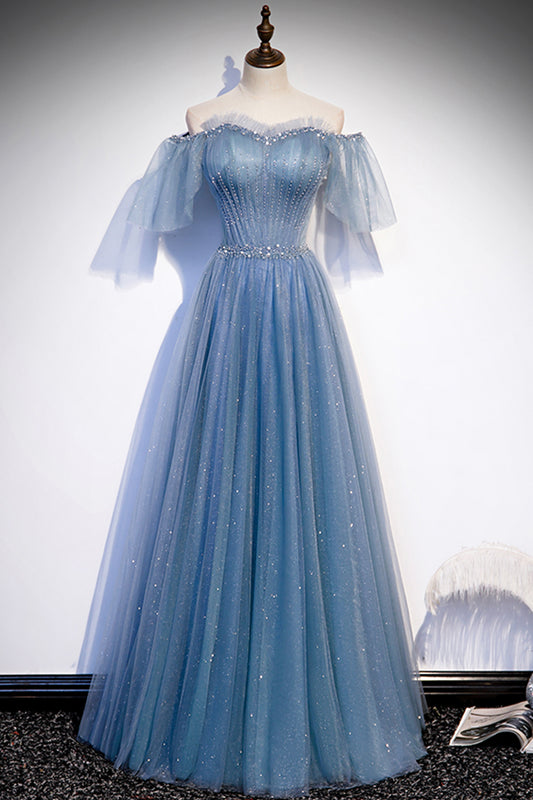 Beautiful Blue Tulle Off the Shoulder Floor Length Prom Dress