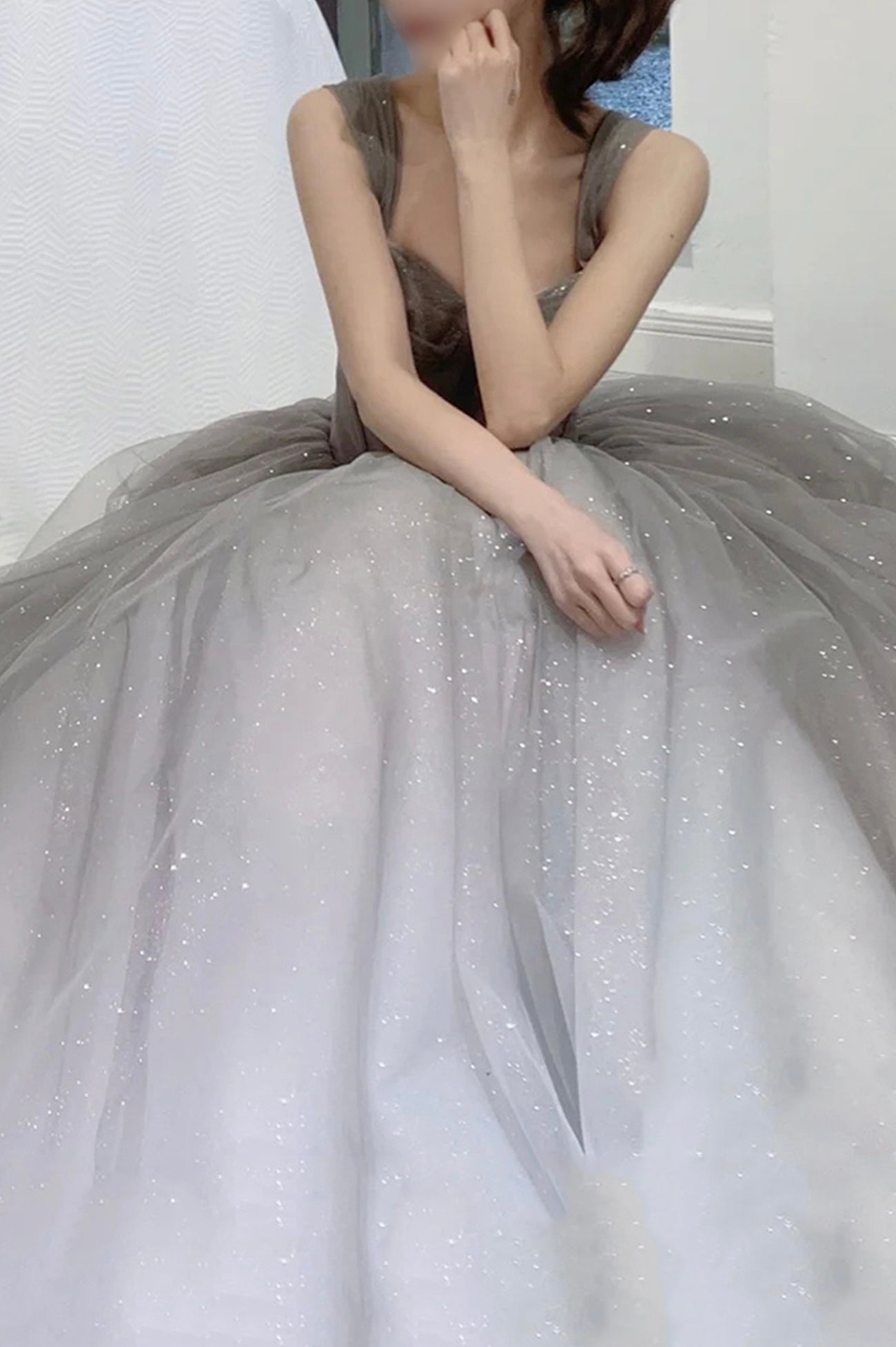 Gray Gradient Tulle Long A-Line Prom Dress