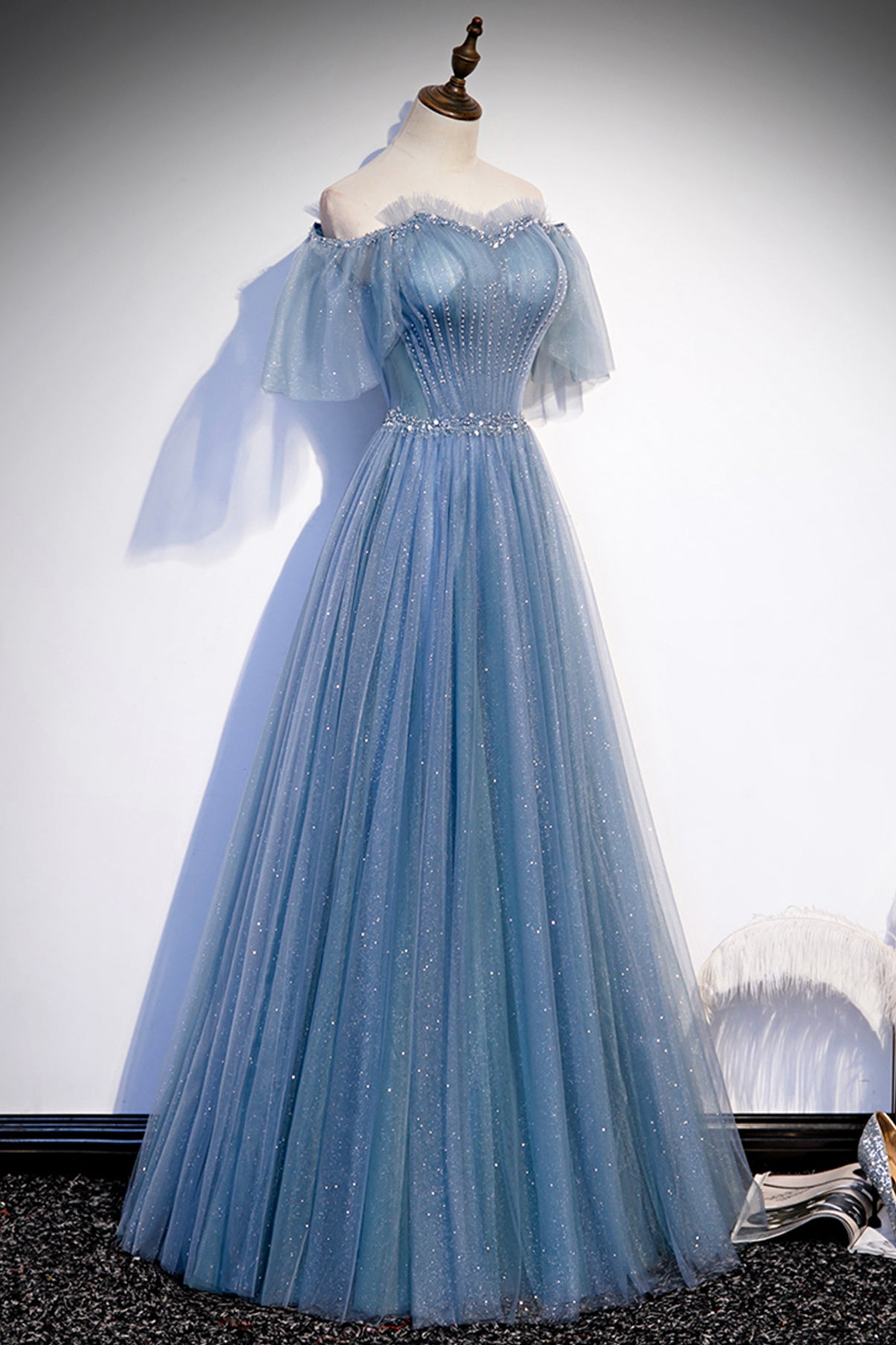 Beautiful Blue Tulle Off the Shoulder Floor Length Prom Dress