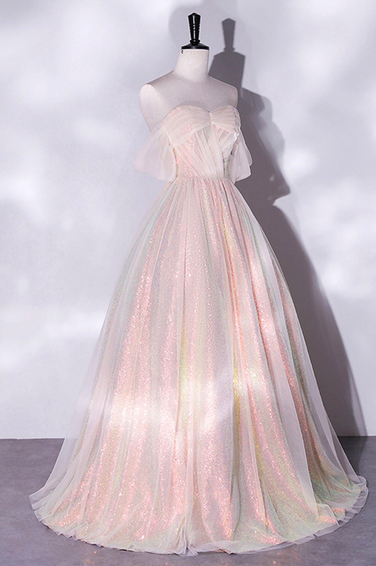 Shiny Tulle Sequins Long Prom Dress, Off the Shoulder Party Dress