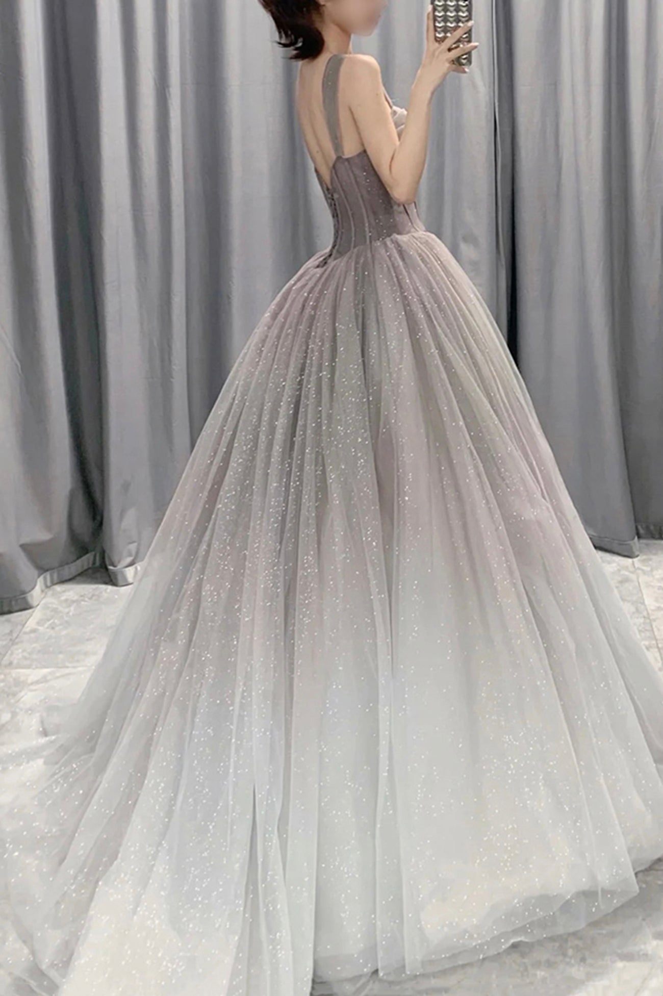 Gray Gradient Tulle Long A-Line Prom Dress