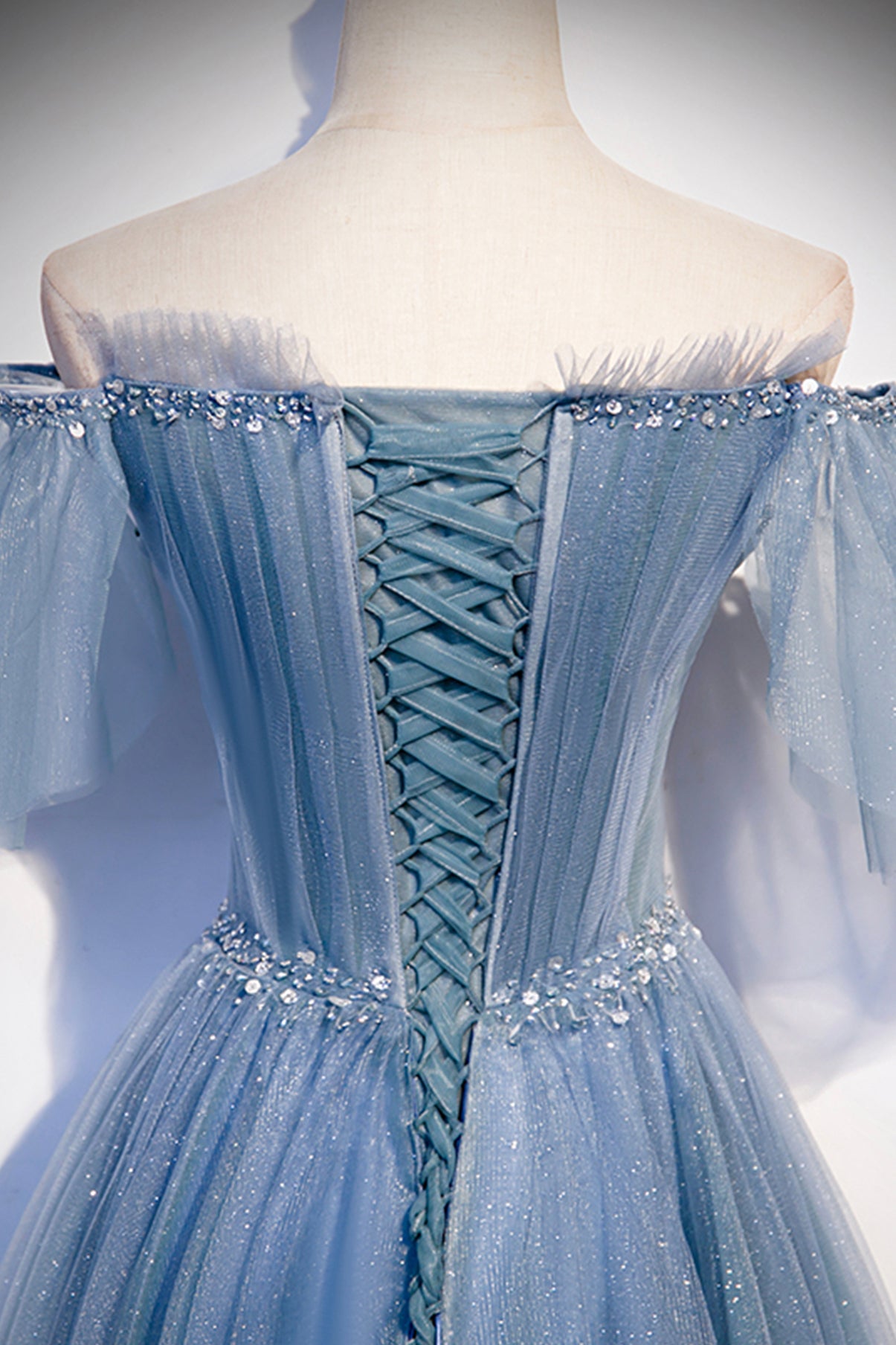 Beautiful Blue Tulle Off the Shoulder Floor Length Prom Dress