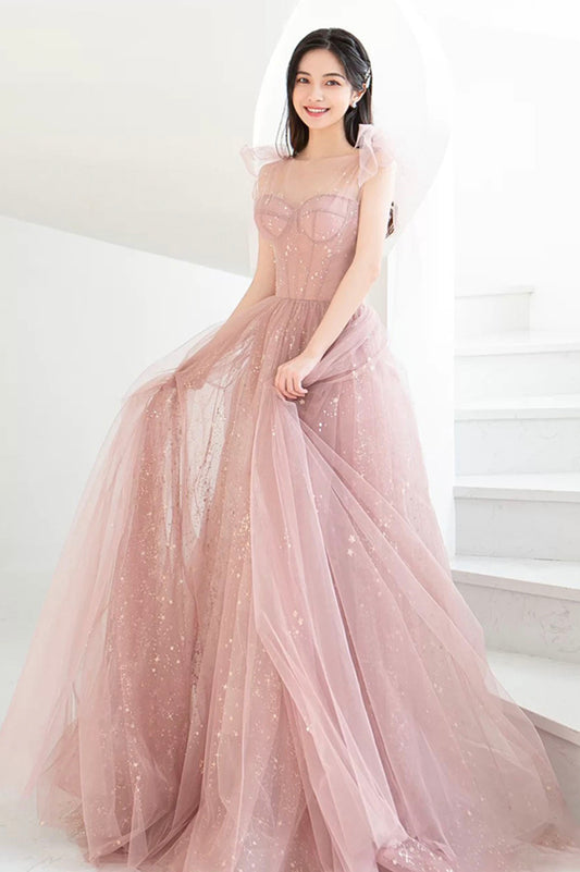 Pink Tulle Long Prom Dress, Beautiful A-Line Evening Dress