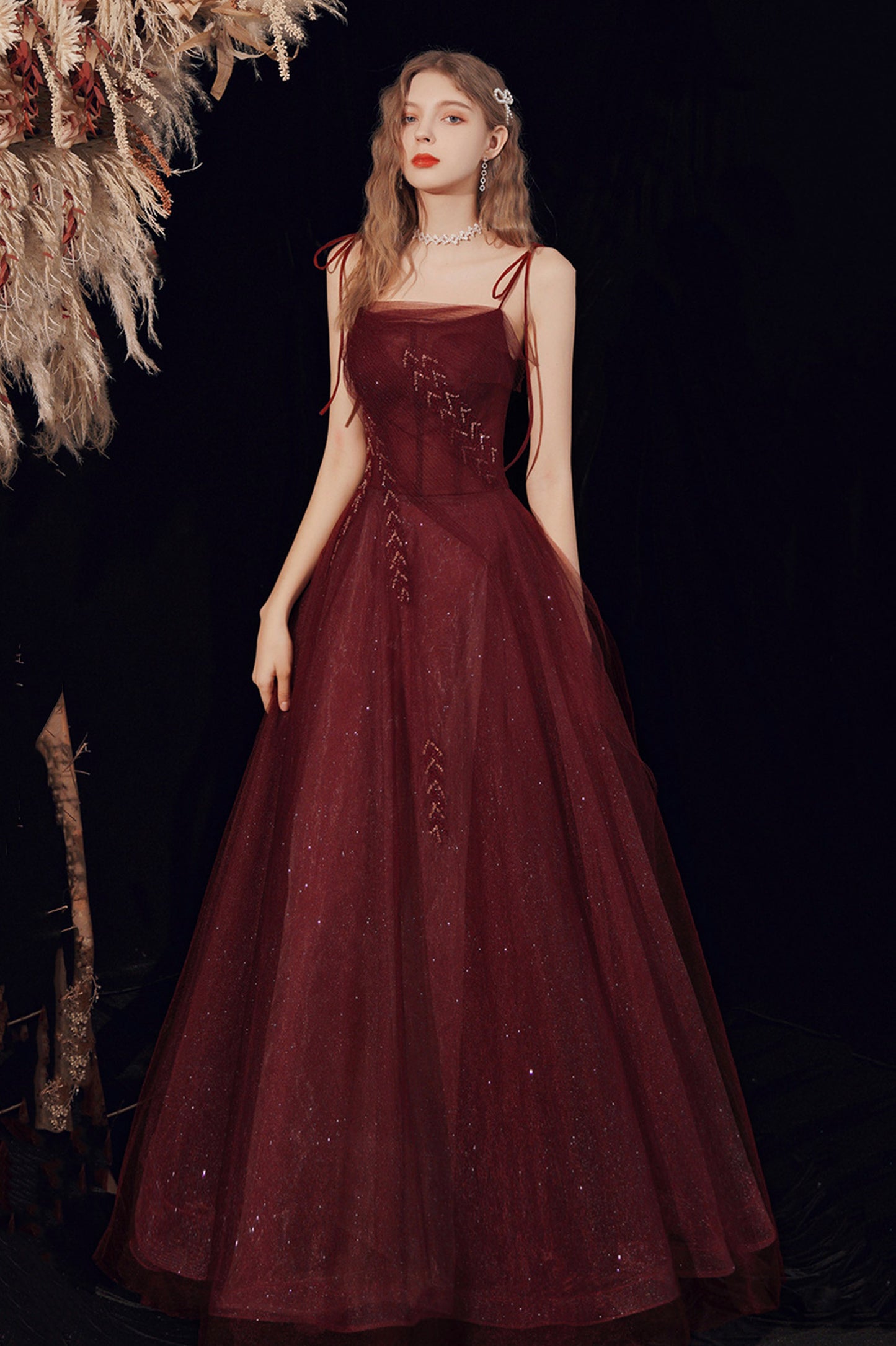 Burgundy Tulle Long Prom Dress, Beautiful A-Line Evening Graduation Dress
