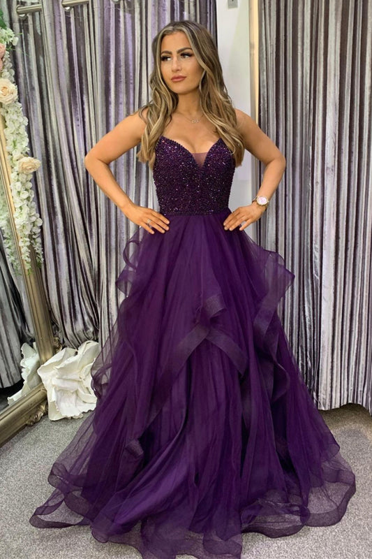 Purple Spaghetti Strap Tulle Beaded Long Prom Dress