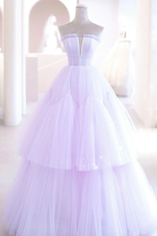 Purple Strapless Tulle Long Prom Dress, A-Line Tulle Formal Evening Dress