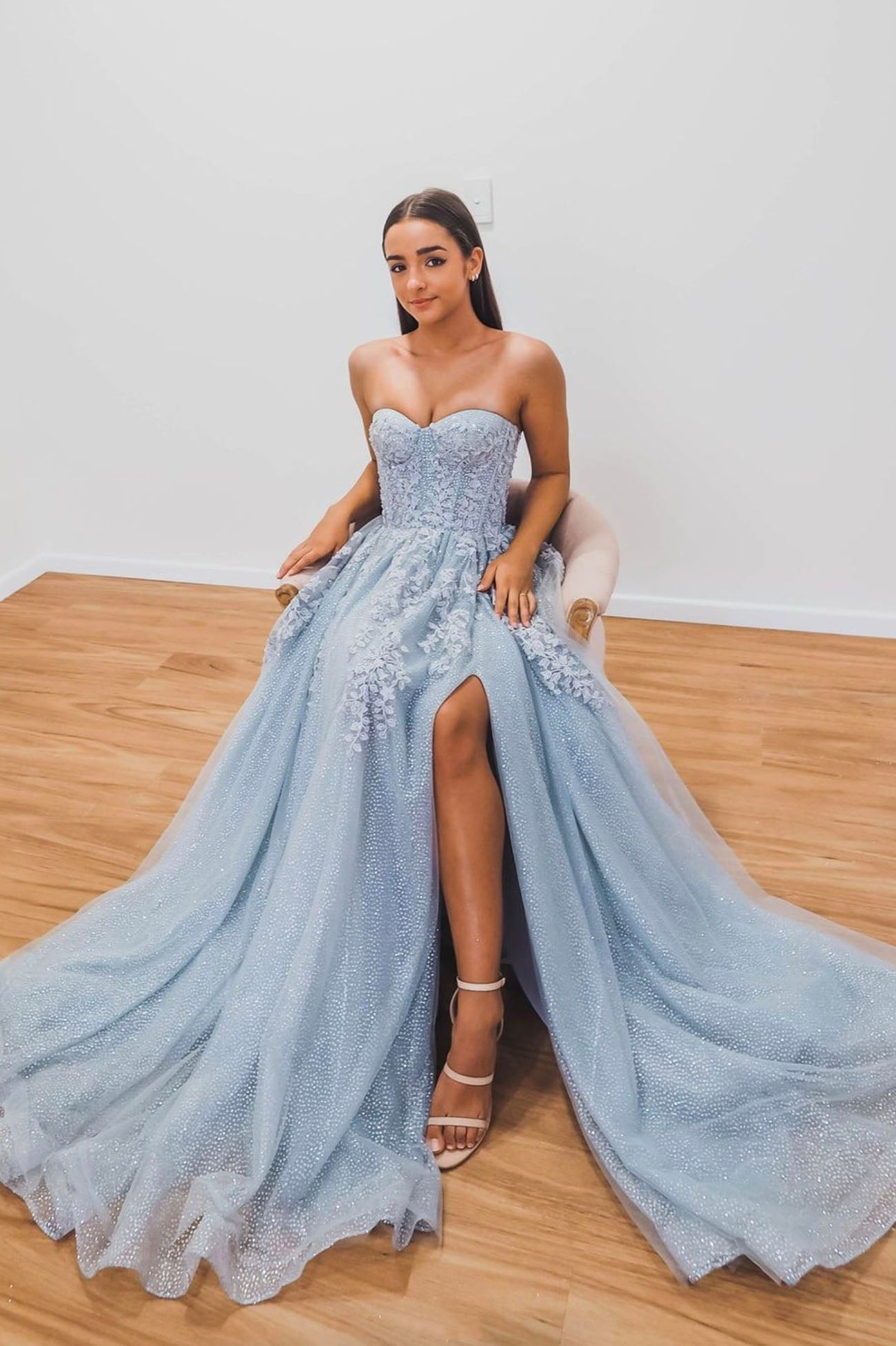 Blue Strapless Tulle Lace Long Prom Dress, A-Line Beautiful Evening Dress