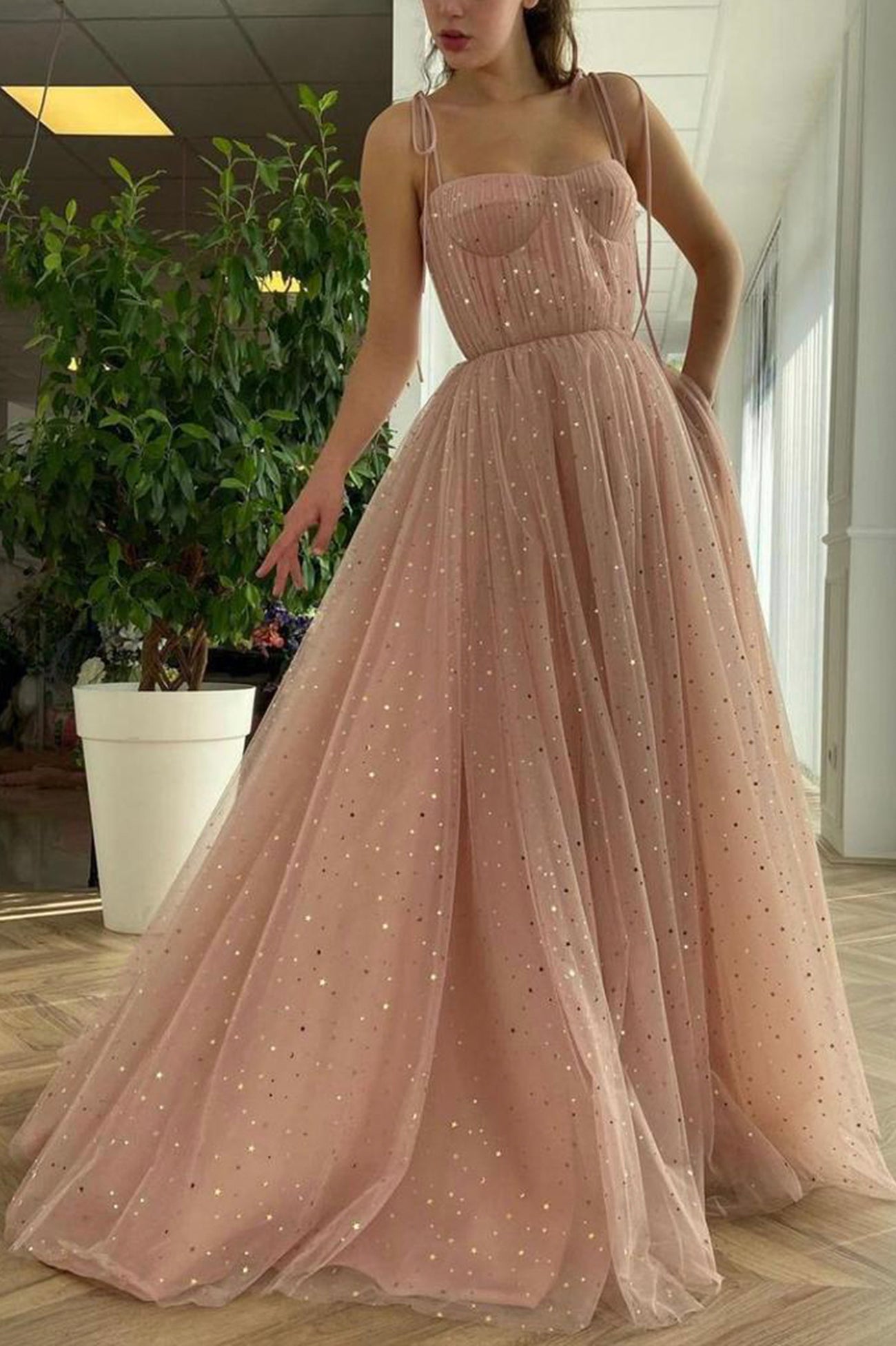Pink Spaghetti Strap Tulle Long Prom Dress, Pink A-Line Evening Dress