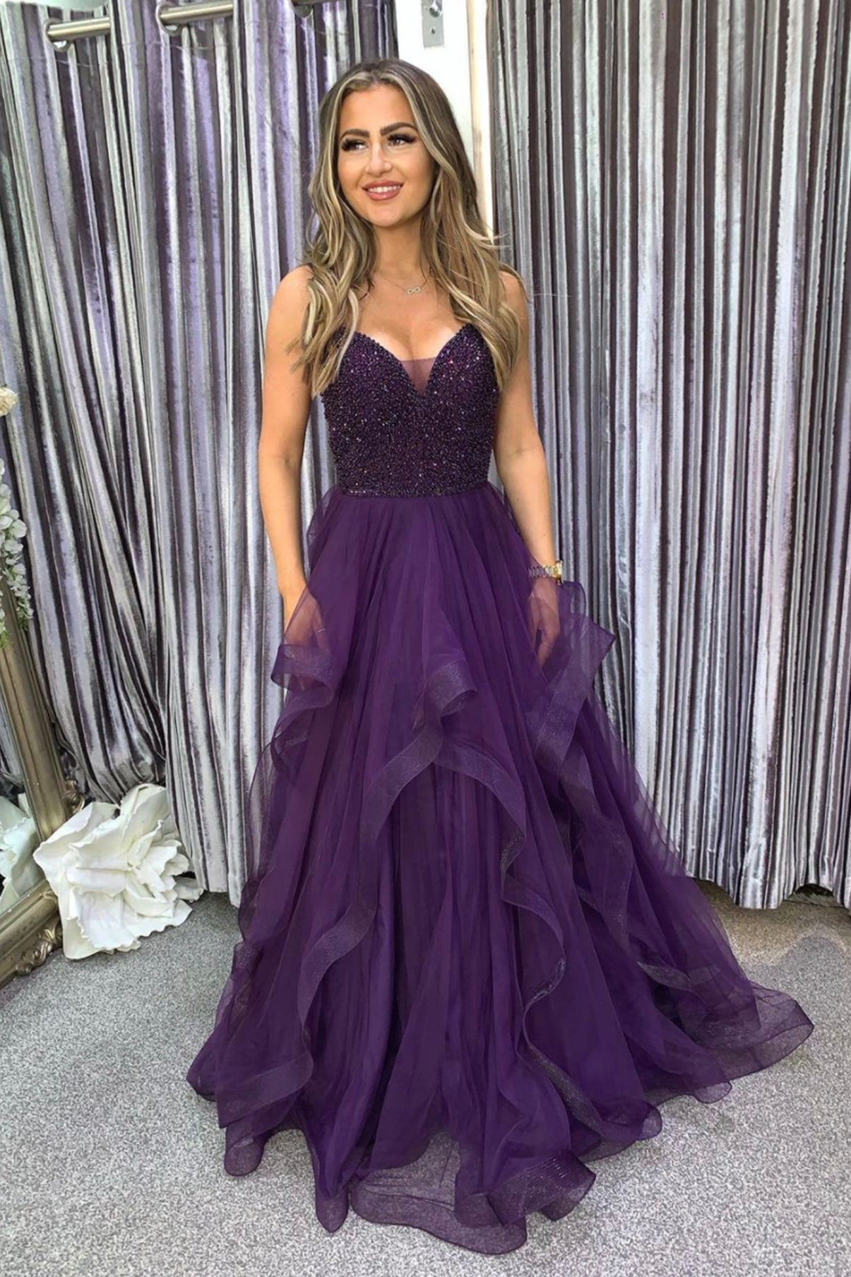 Purple Spaghetti Strap Tulle Beaded Long Prom Dress