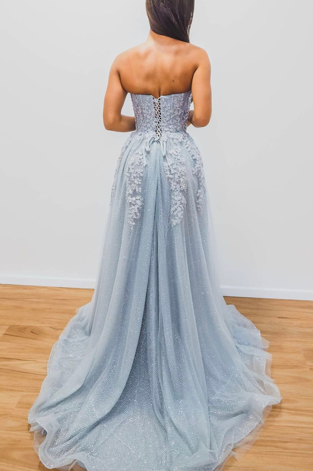 Blue Strapless Tulle Lace Long Prom Dress, A-Line Beautiful Evening Dress