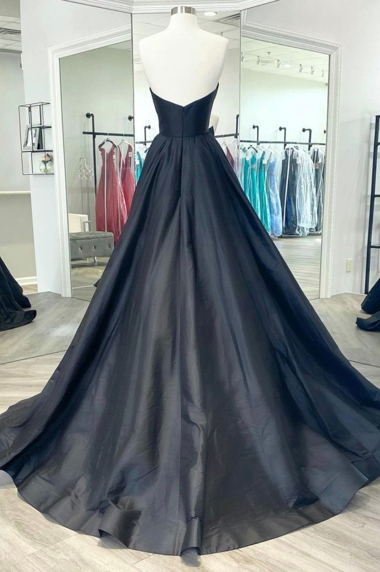 Black Strapless Satin Floor Length A-Line Prom Dress