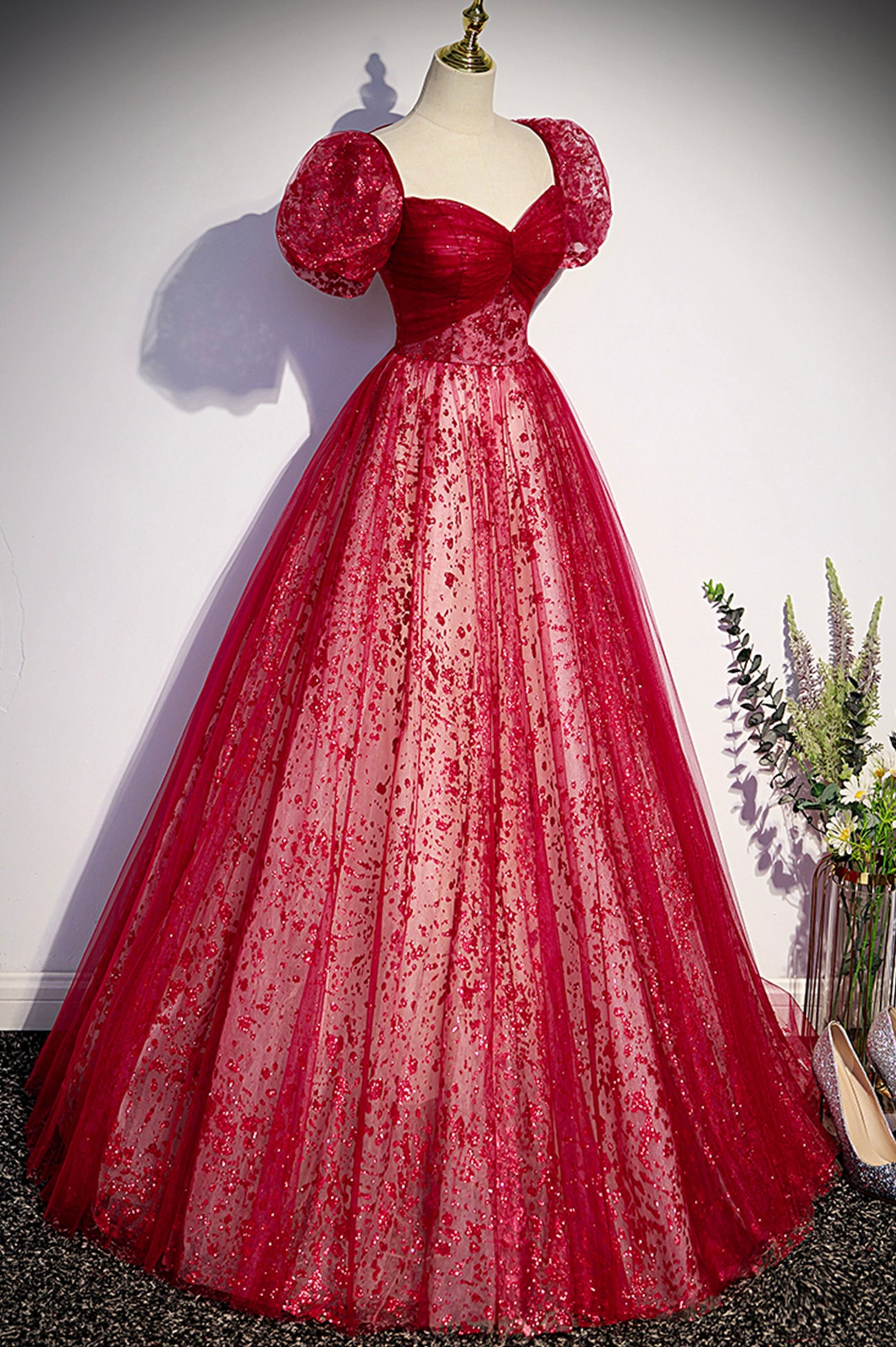 Burgundy Tulle Sequins Long Prom Dress, Beautiful Short Sleeve Evening Dress