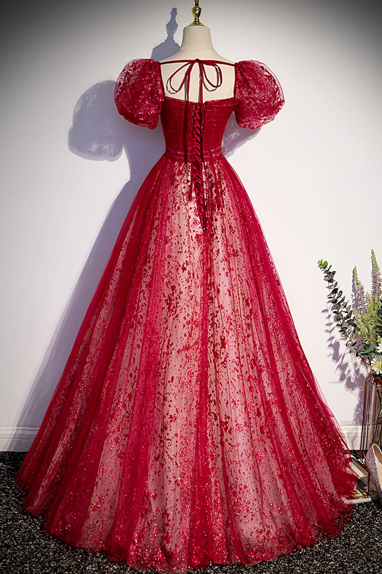 Burgundy Tulle Sequins Long Prom Dress, Beautiful Short Sleeve Evening Dress
