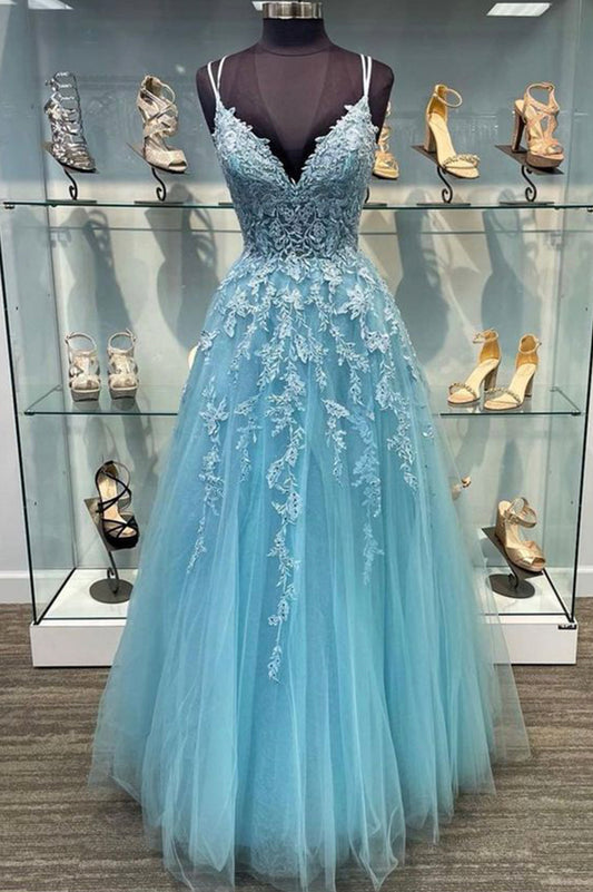 Blue Spaghetti Strap Tulle Lace Long Prom Dress