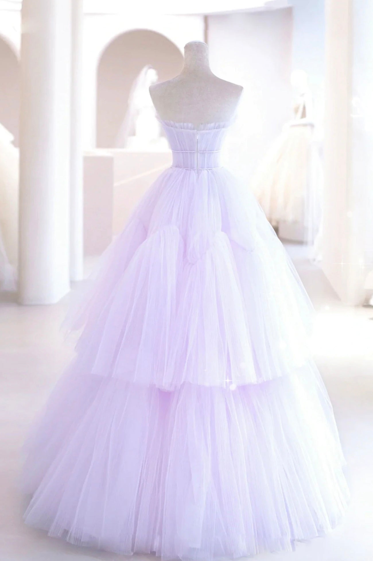 Purple Strapless Tulle Long Prom Dress, A-Line Tulle Formal Evening Dress