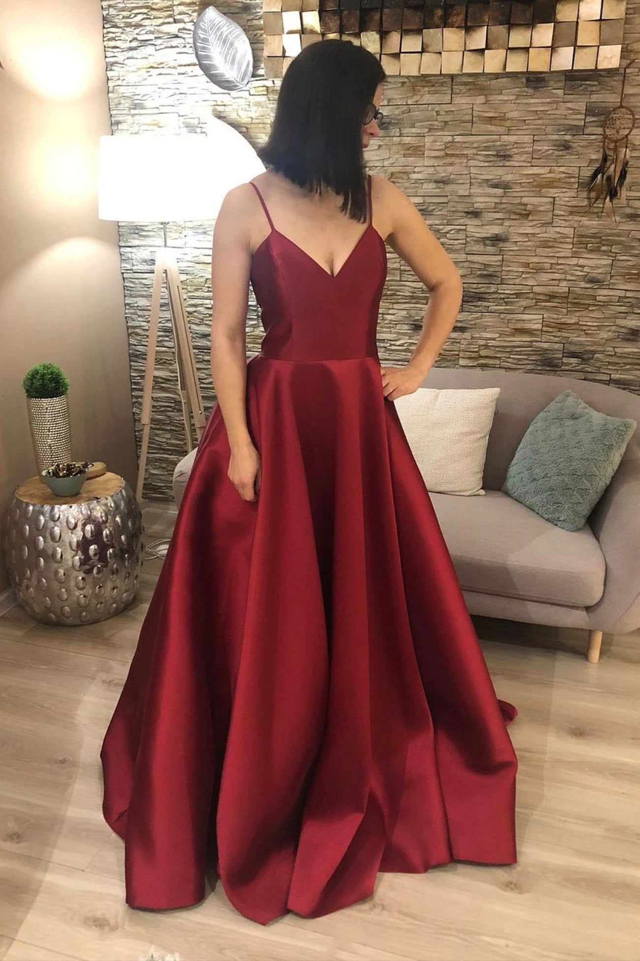 Burgundy Spaghetti Strap Satin Long Prom Dress, Simple Lace Up Evening Dress