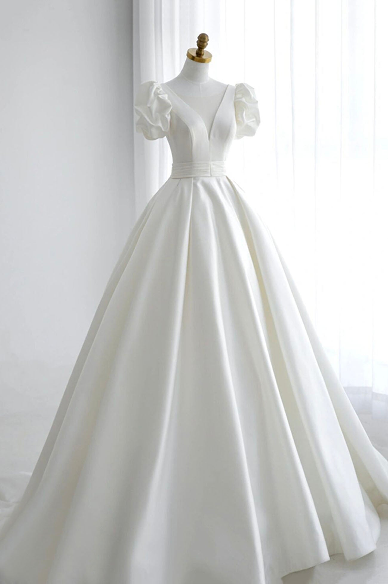 White V-Neck Satin Long Prom Dress, A-Line Short Sleeve Evening Dress