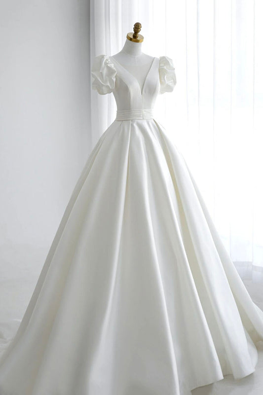 White V-Neck Satin Long Prom Dress, A-Line Short Sleeve Evening Dress