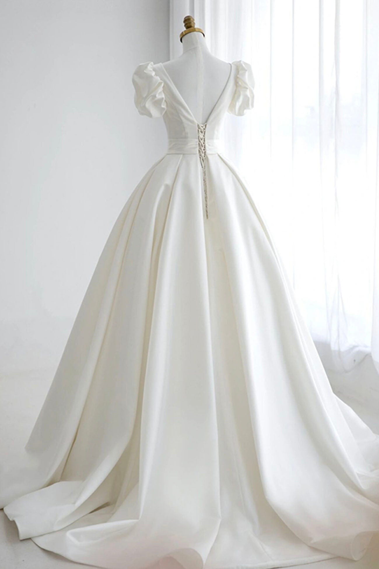 White V-Neck Satin Long Prom Dress, A-Line Short Sleeve Evening Dress