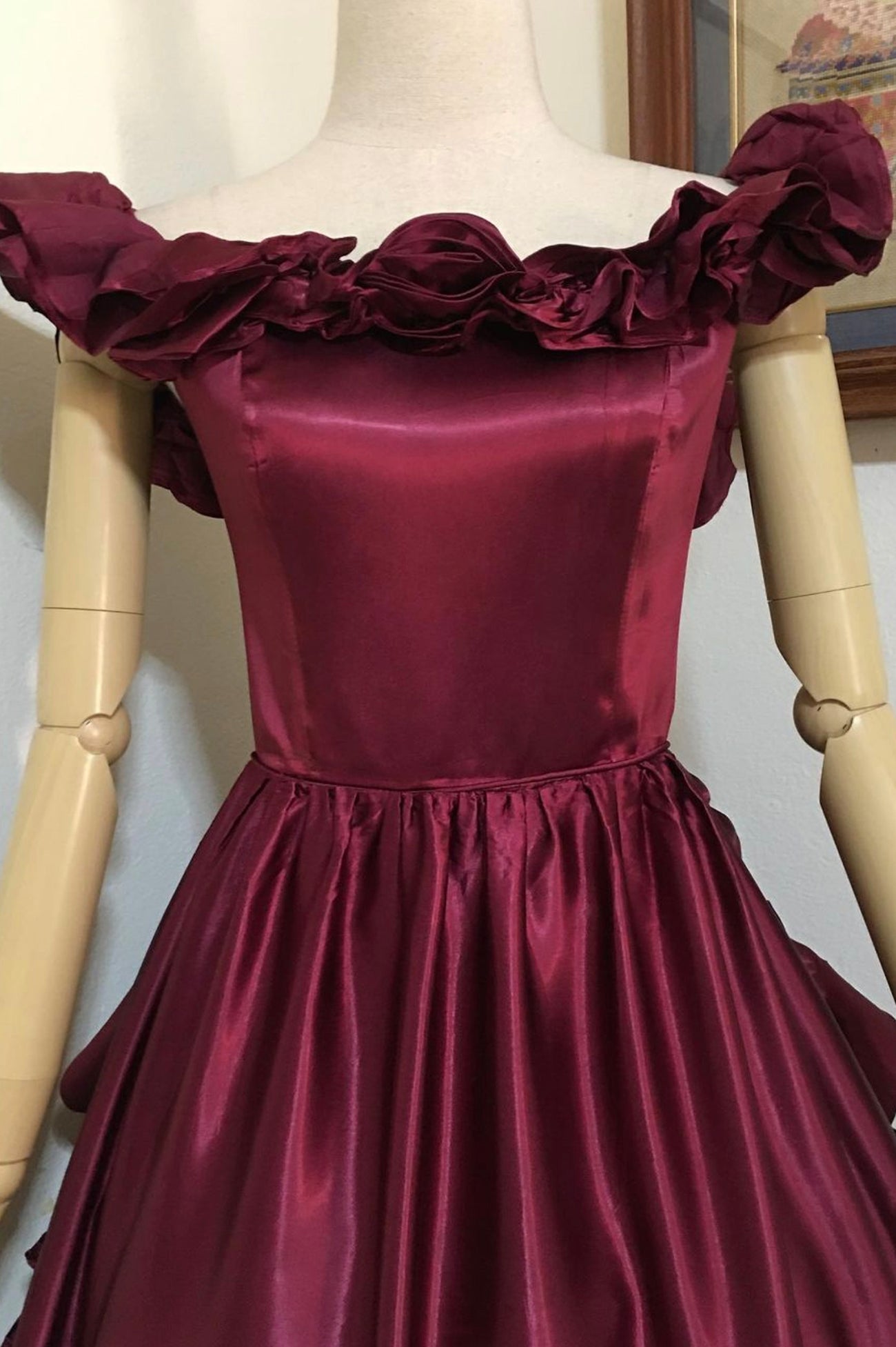 Burgundy Satin Off the Shoulder Tea Length Prom Dress
