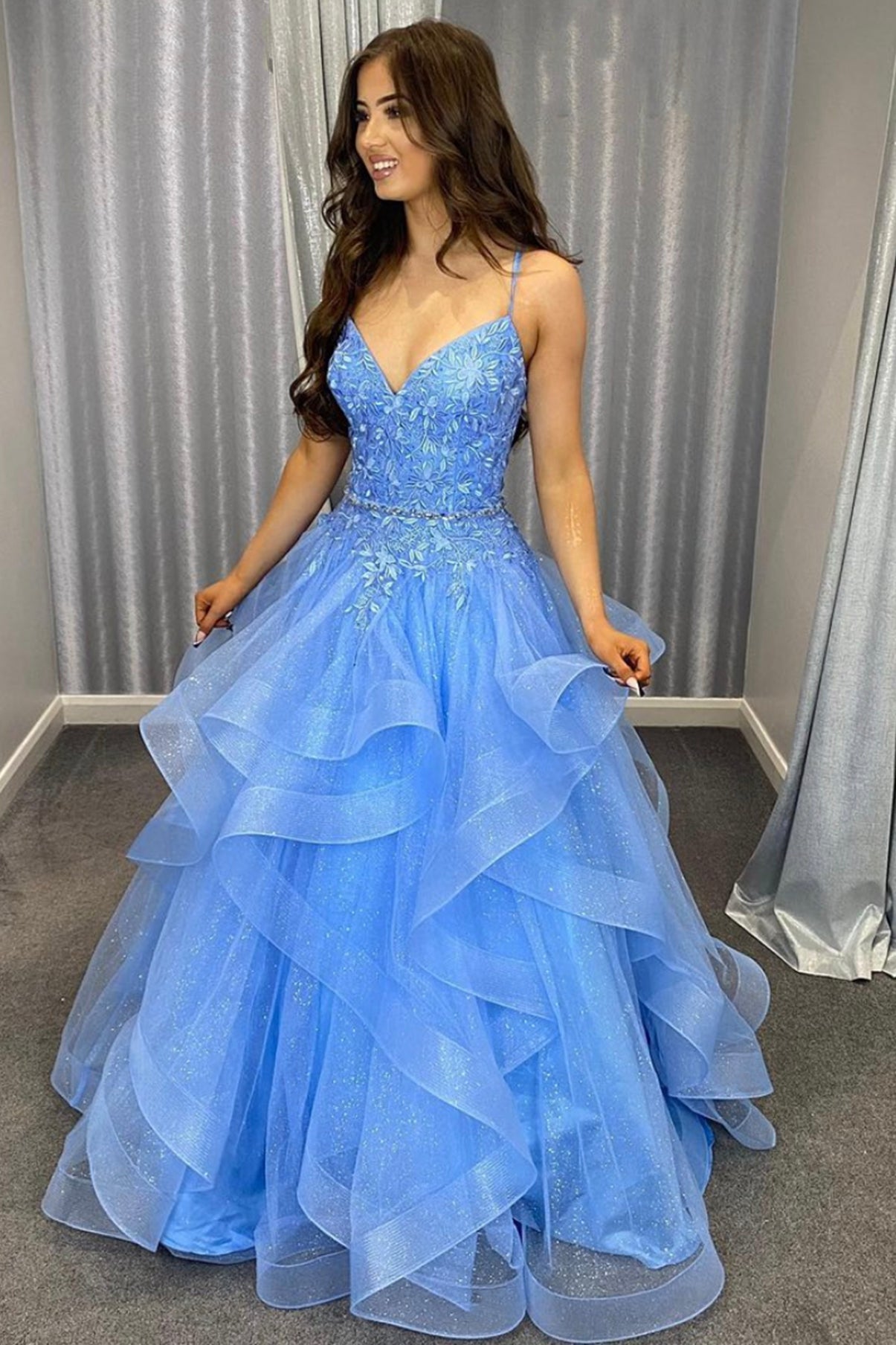 Blue V-Neck Tulle Layers Lace Floor Length Prom Dress, Blue Formal Evening Dress