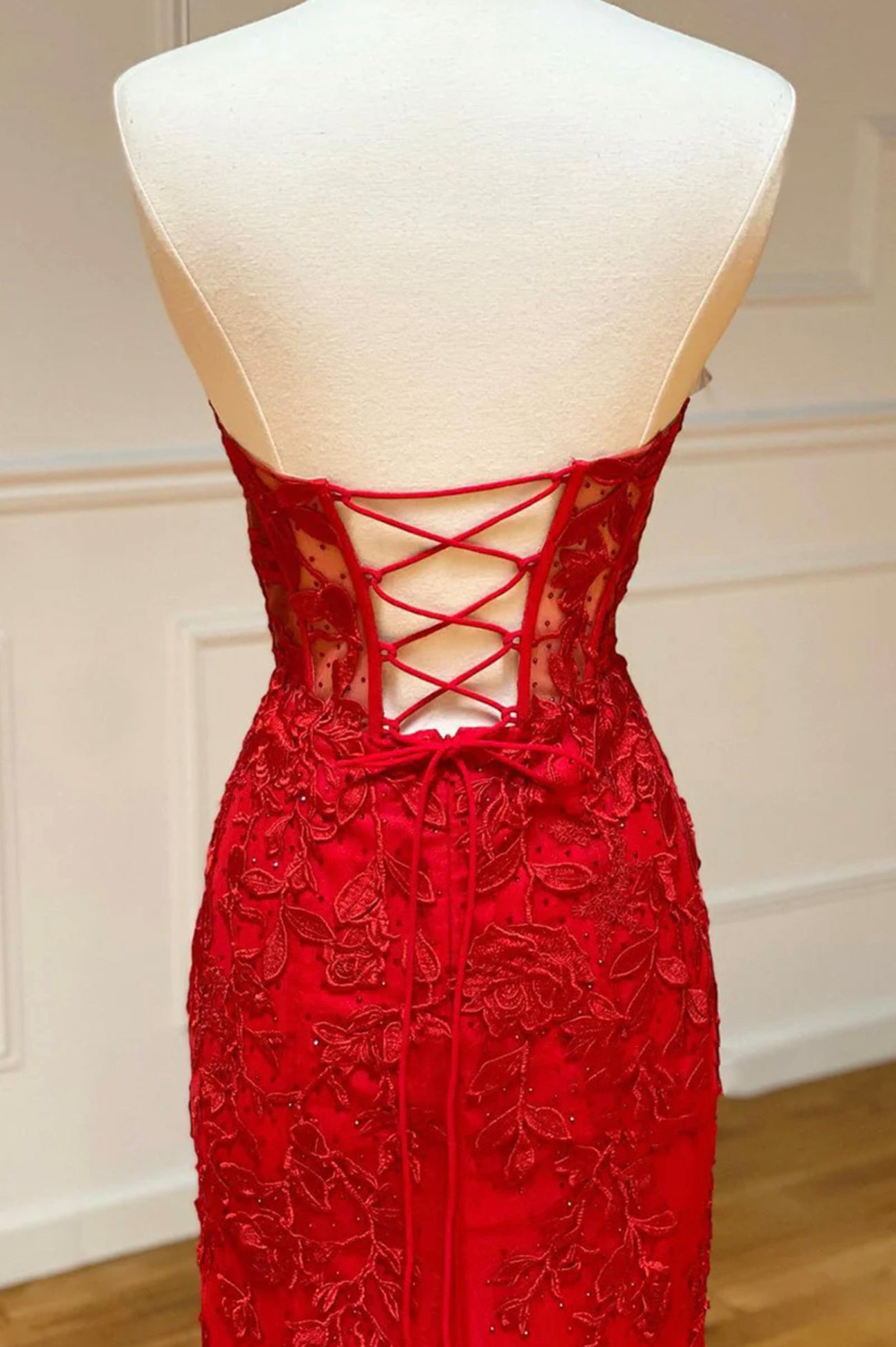 Red Mermaid Lace Long Prom Dress, Red Strapless Evening Dress