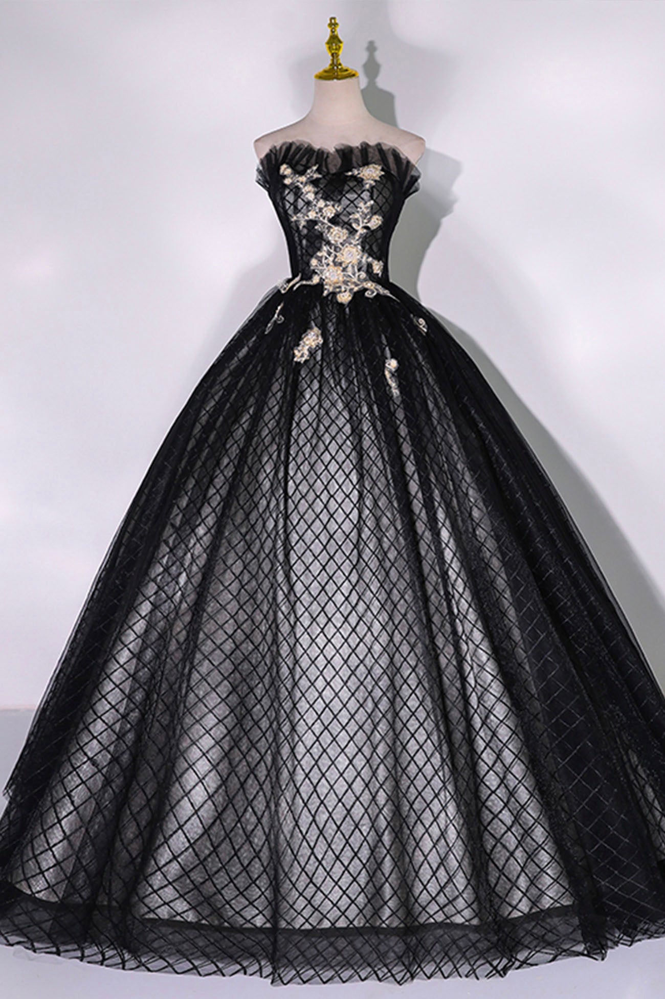 Black Strapless Tulle Lace Long Prom Dress, Black Evening Party Dress