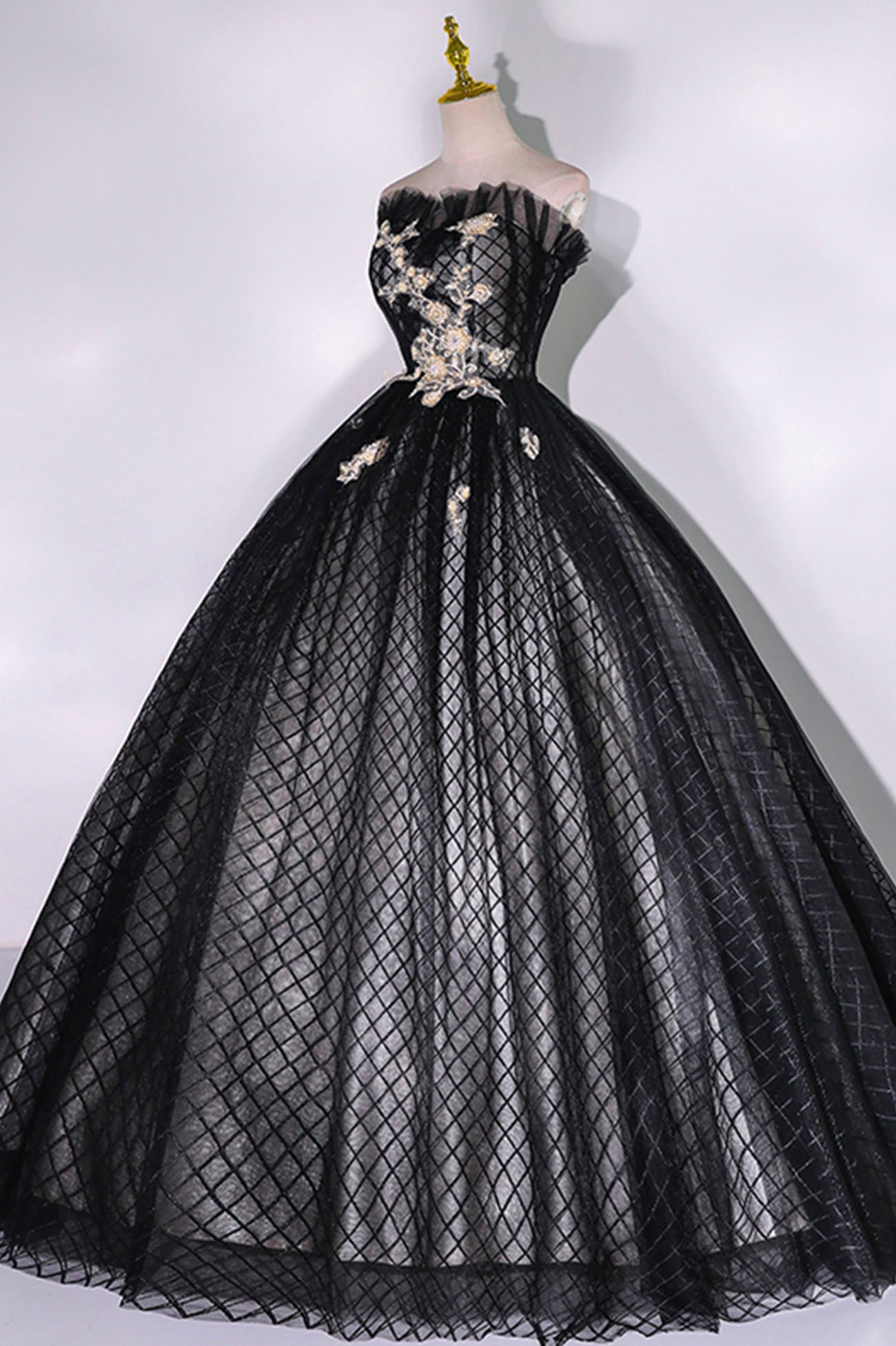 Black Strapless Tulle Lace Long Prom Dress, Black Evening Party Dress