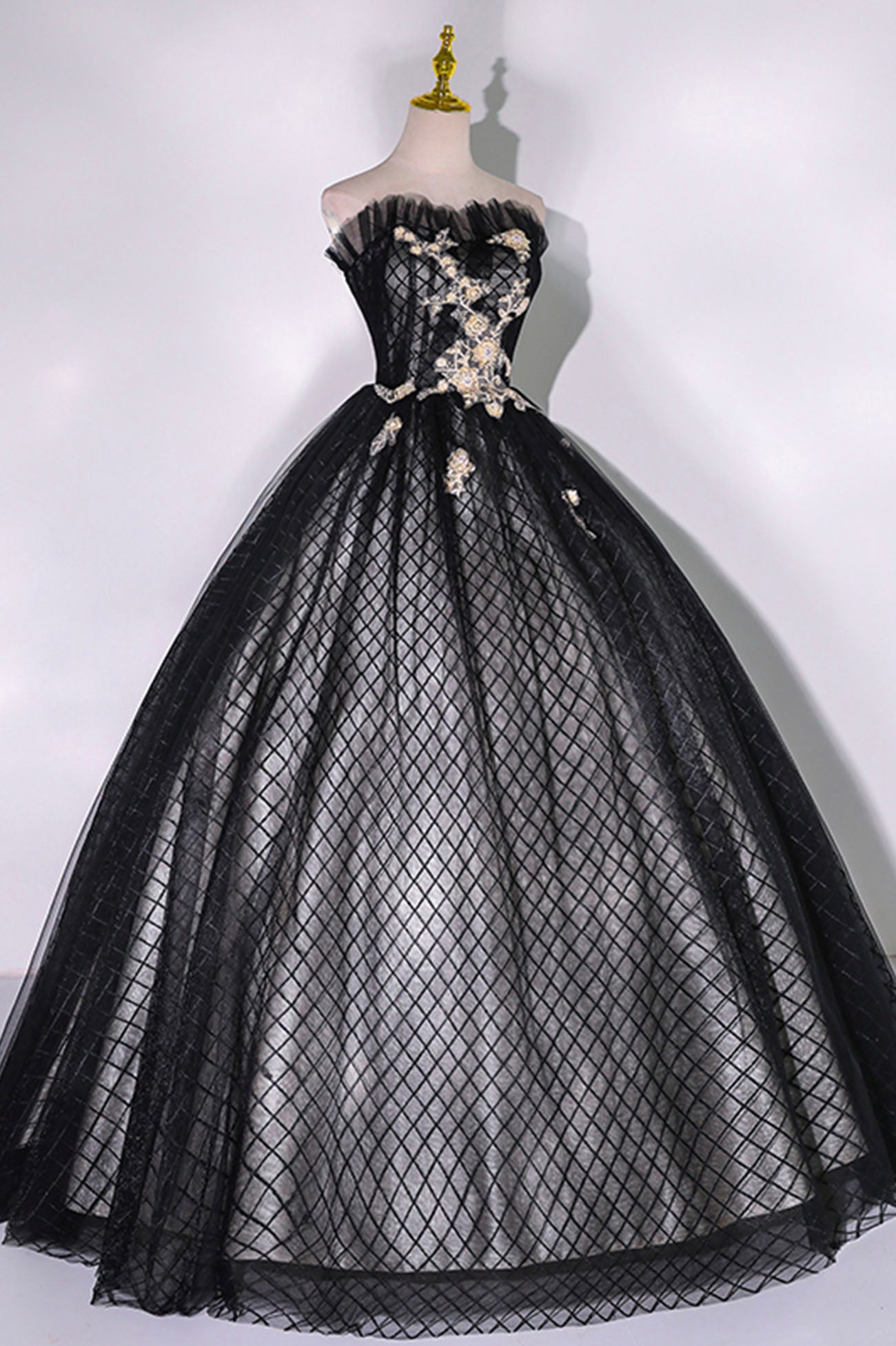 Black Strapless Tulle Lace Long Prom Dress, Black Evening Party Dress