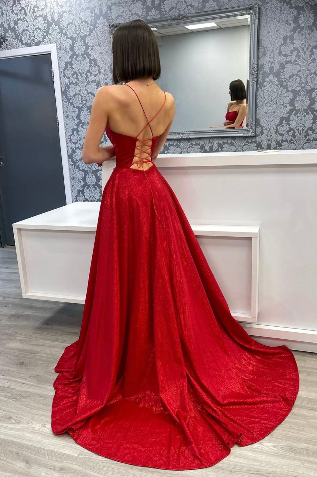 Red Satin Long Prom Dress, A-Line Backless Evening Party Dress