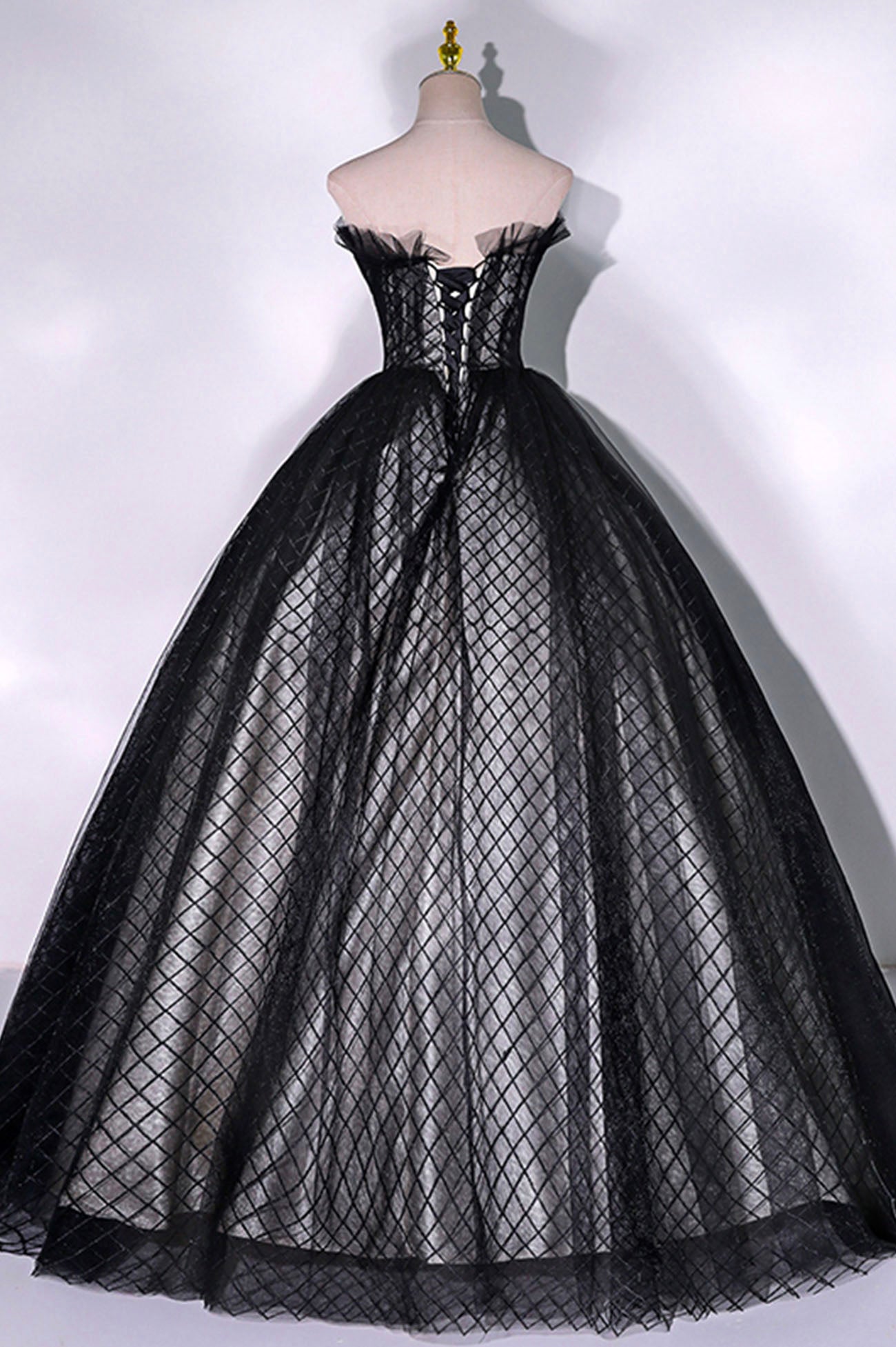 Black Strapless Tulle Lace Long Prom Dress, Black Evening Party Dress