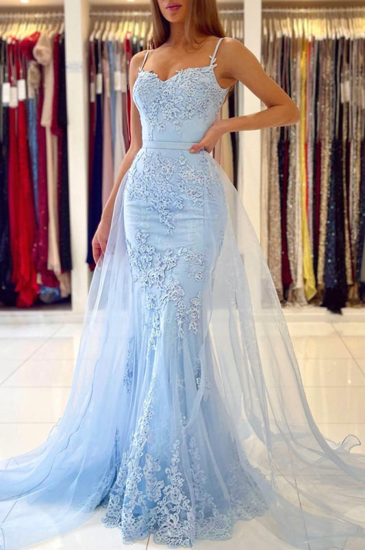 Blue Spaghetti Strap Lace Long Prom Dress, Mermaid Evening Dress