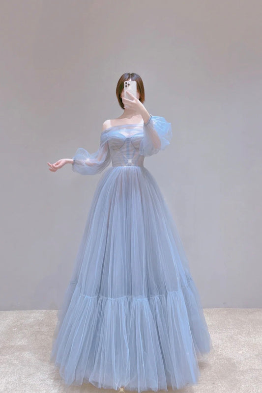 Blue Tulle Long Prom Dress, Beautiful Long Sleeve Tulle Evening Dress