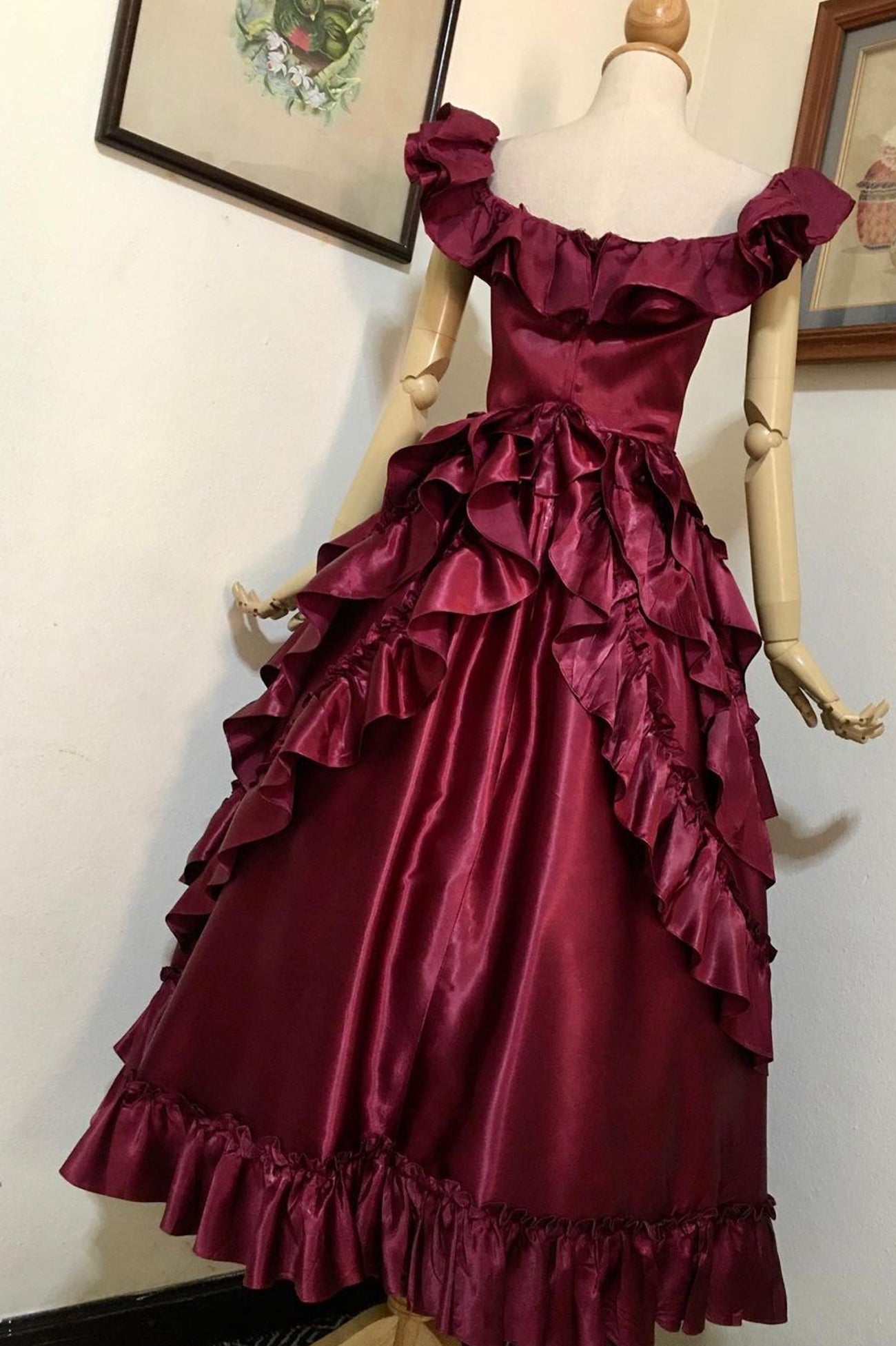 Burgundy Satin Off the Shoulder Tea Length Prom Dress