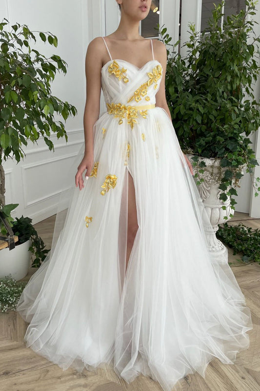 White Spaghetti Strap Tulle Lace Long Prom Dress