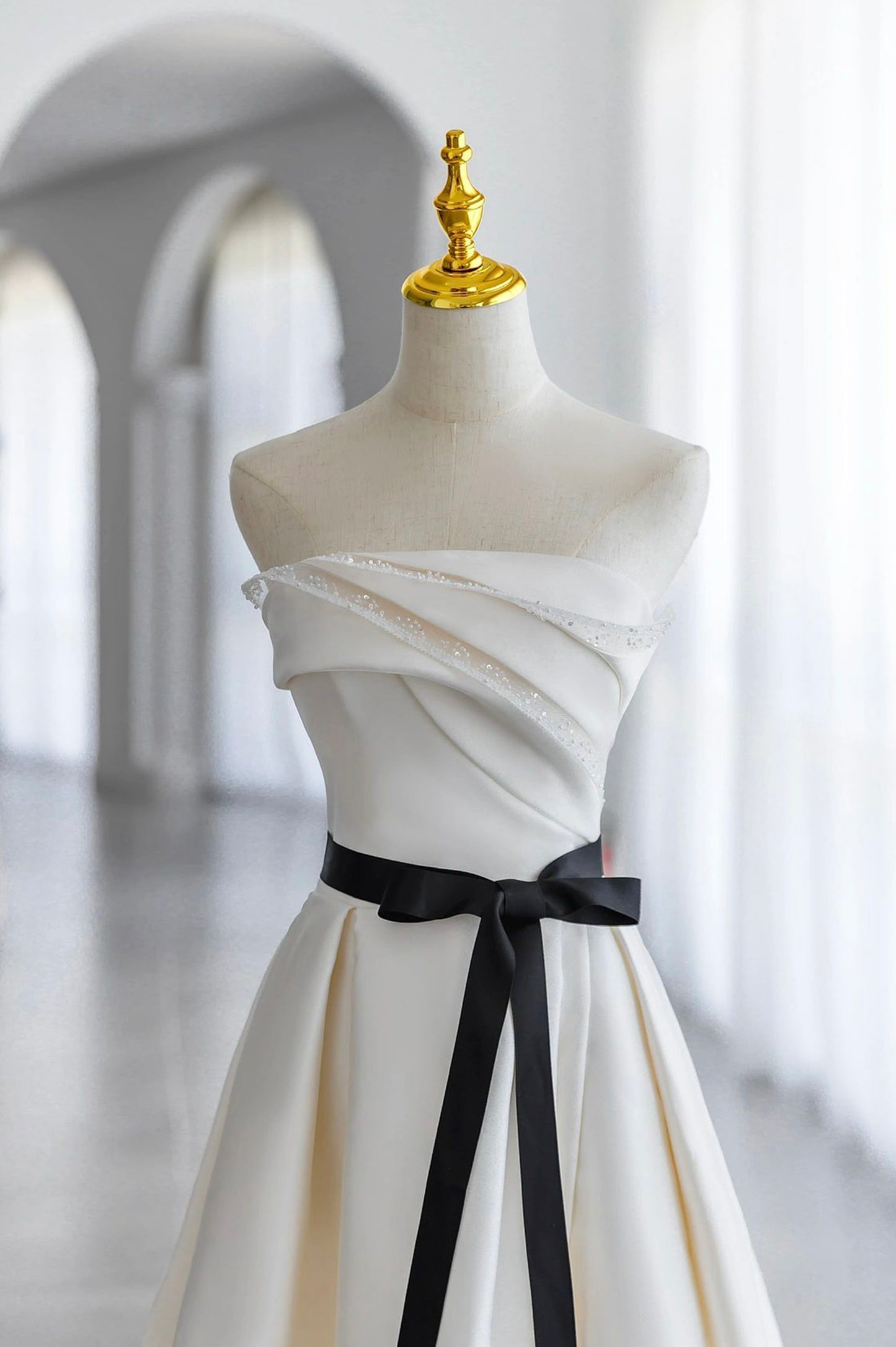 Champagne Strapless Satin Floor Length Prom Dress