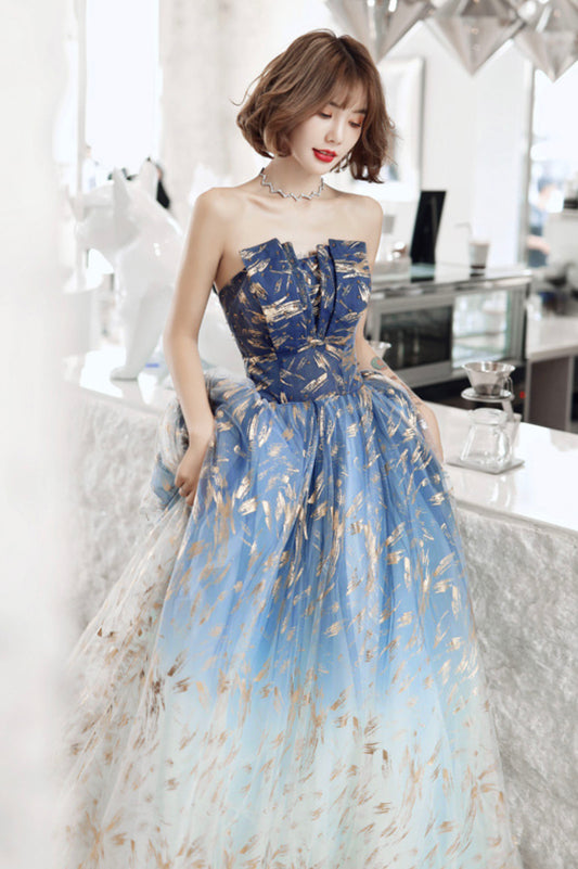 Blue Strapless Gradient Tulle Long Prom Dress
