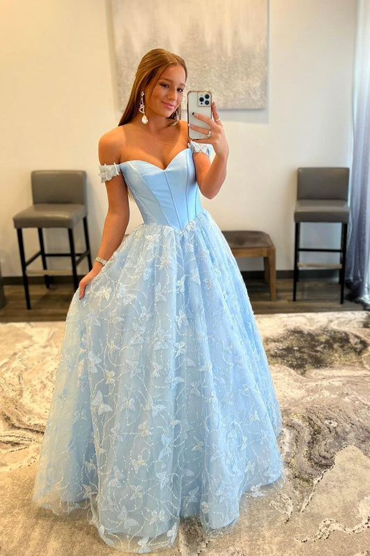 Beautiful Blue Off the Shoulder Long Prom Dress, Blue A-Line Evening Party Dress