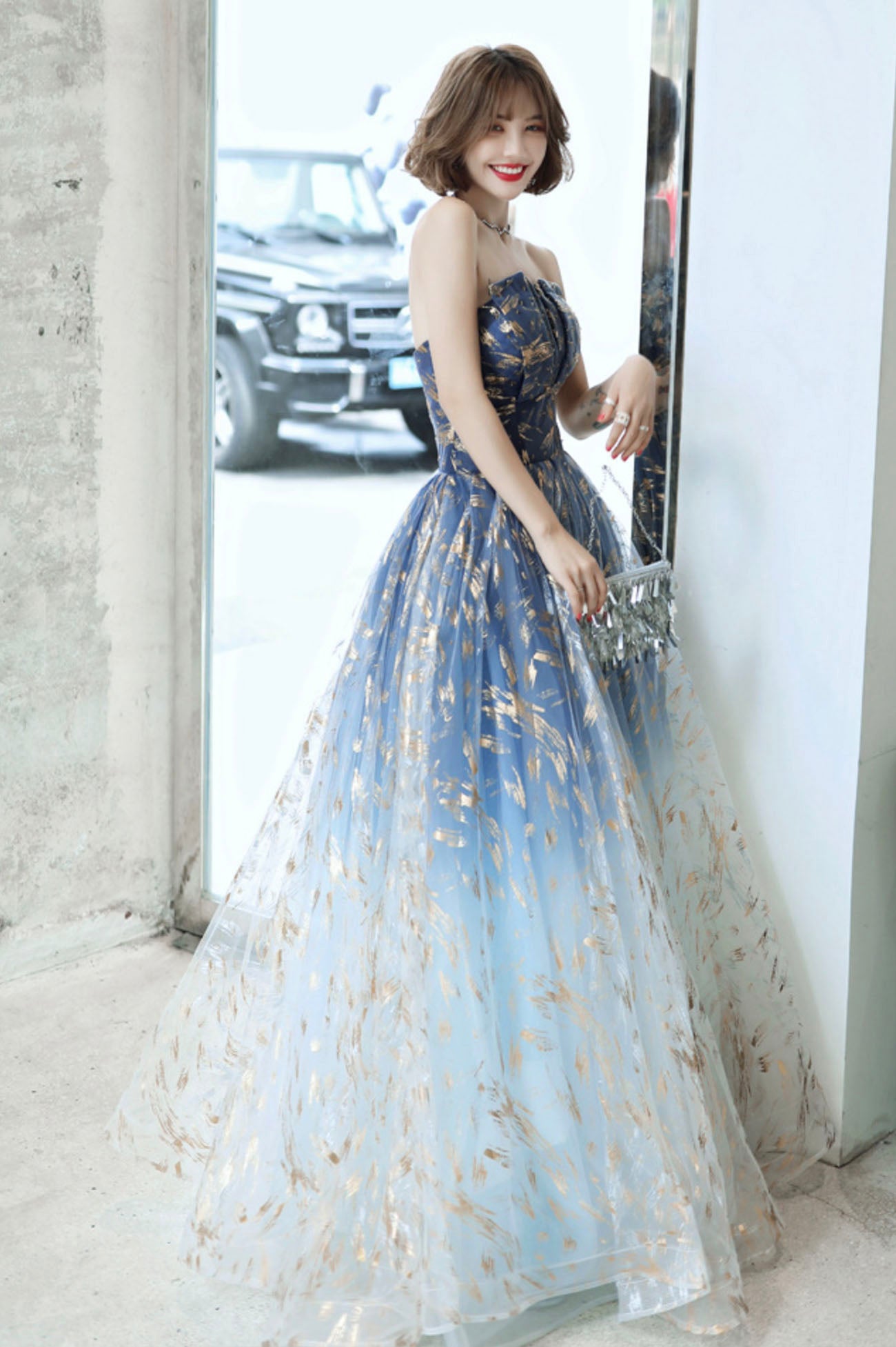 Blue Strapless Gradient Tulle Long Prom Dress