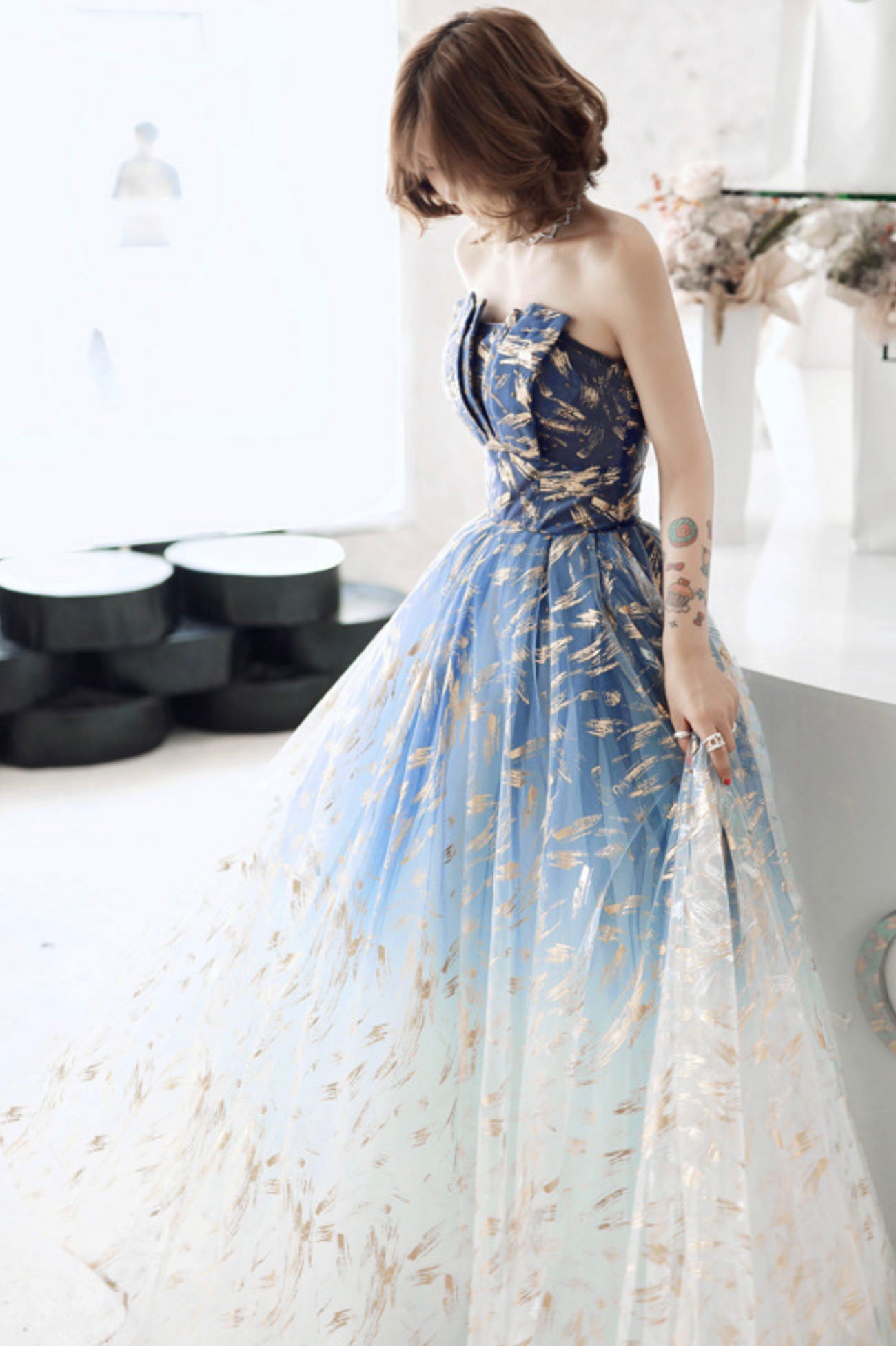 Blue Strapless Gradient Tulle Long Prom Dress