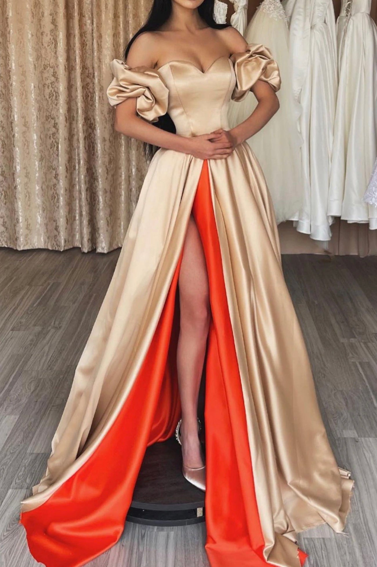 Off the Shoulder Satin Long Prom Dress with Slit
