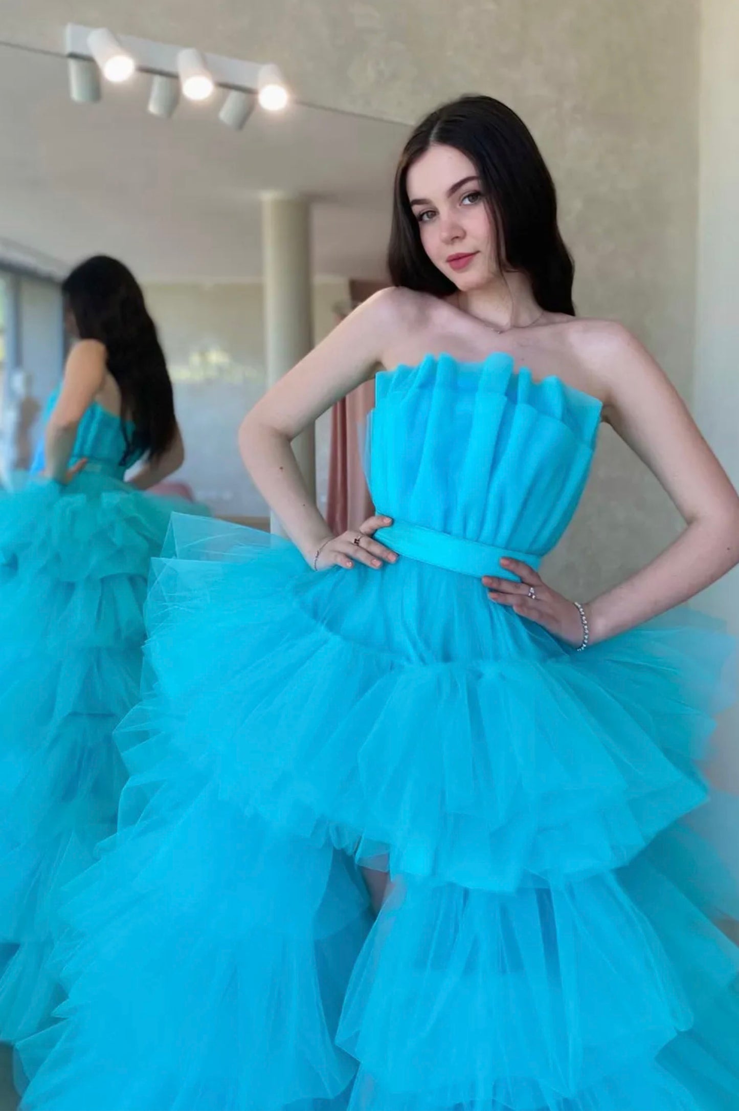 Blue Strapless Tulle High Low Prom Dress
