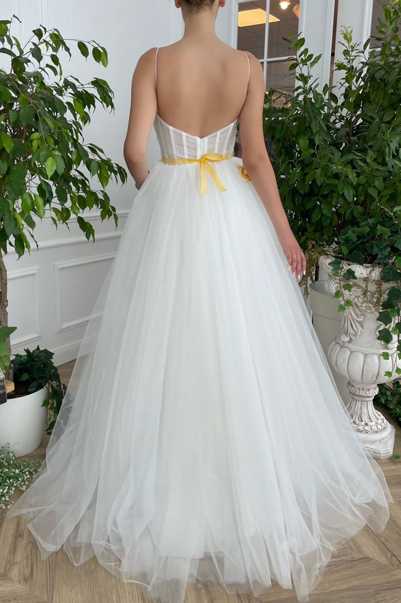 White Spaghetti Strap Tulle Lace Long Prom Dress