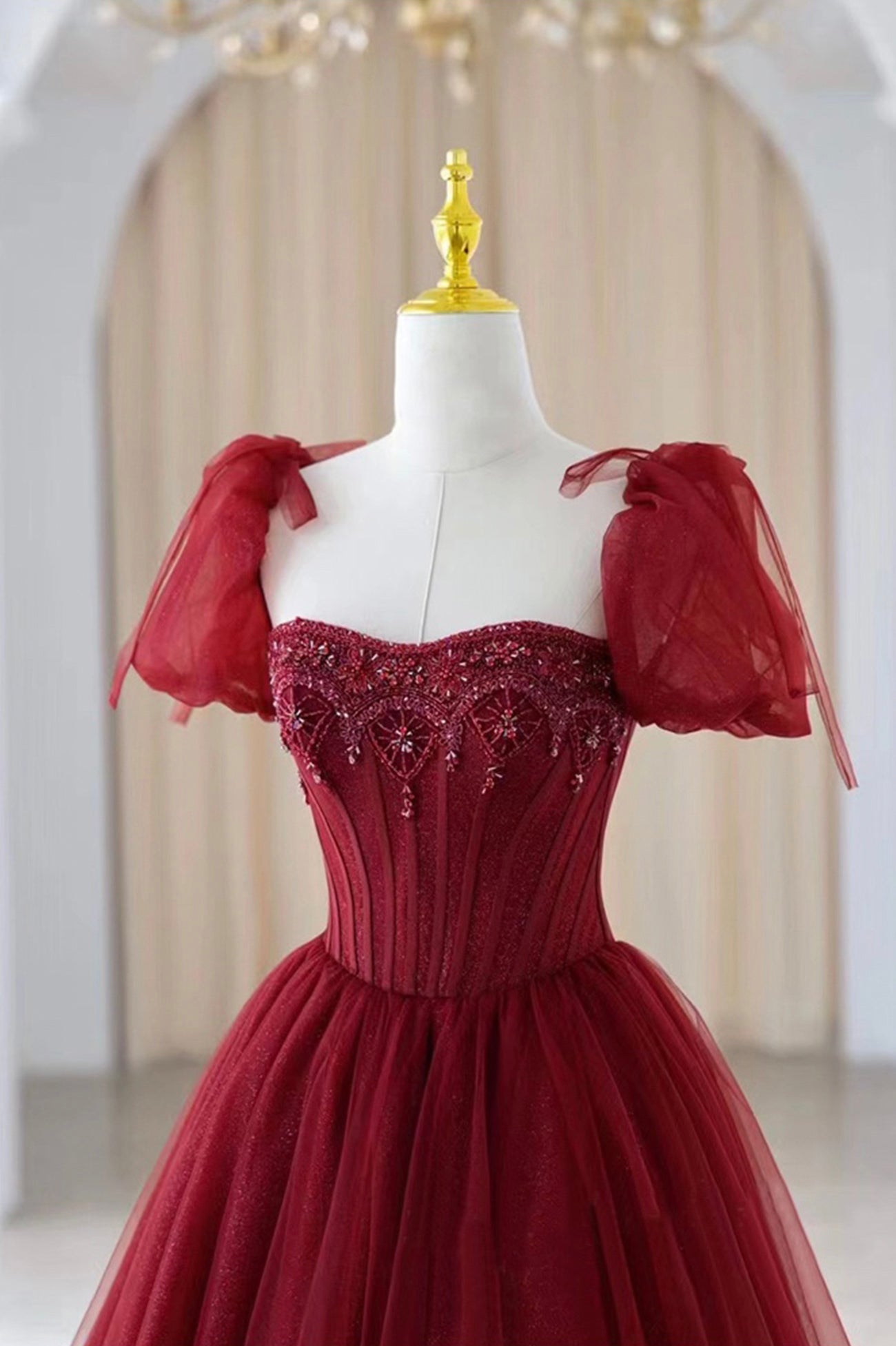 Burgundy Tulle Beaded Long Prom Dress